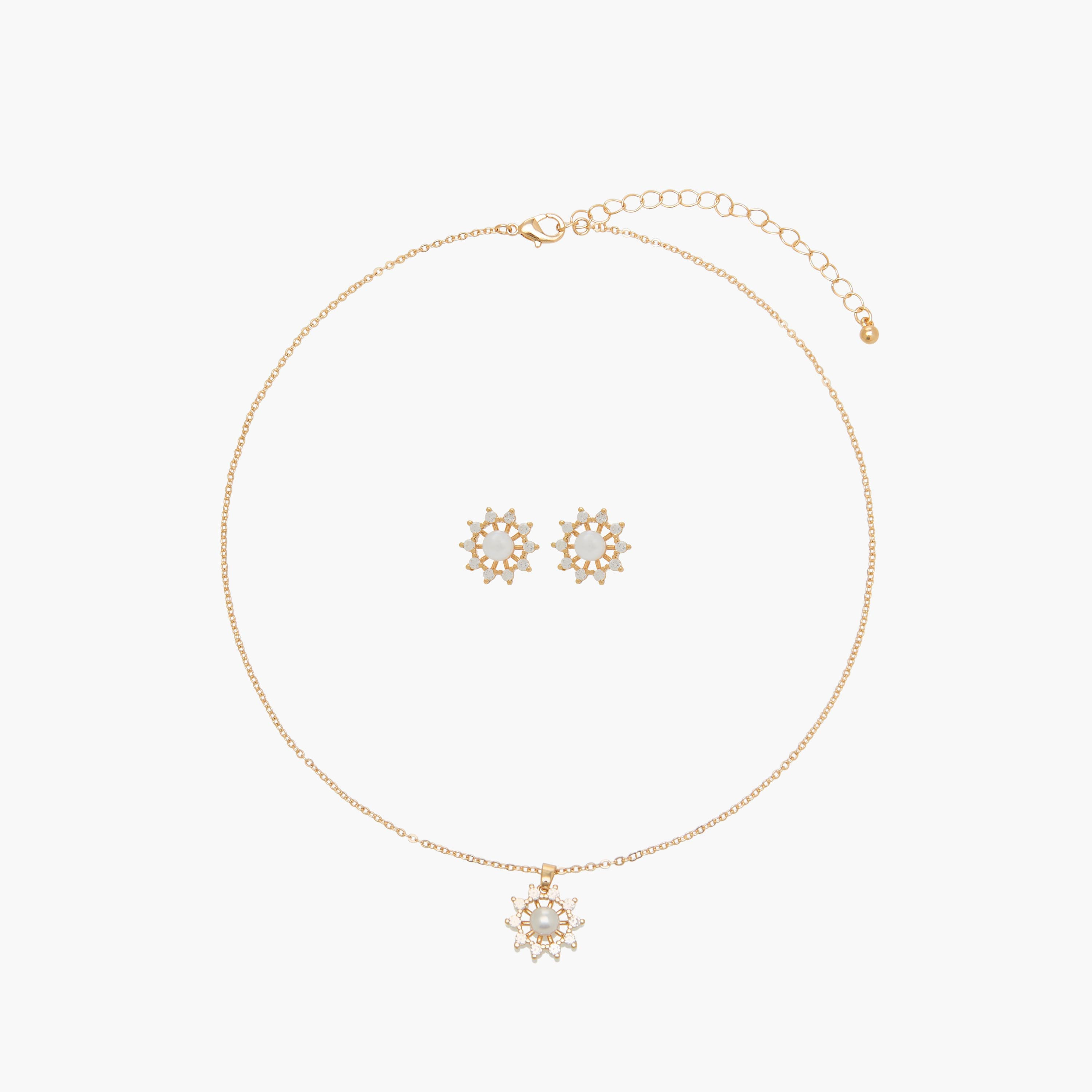 Set of 2 - Embellished Pearl Pendant Necklace and Earrings-women-watchesandjewellery-jewellery-jewellerysets-image-1