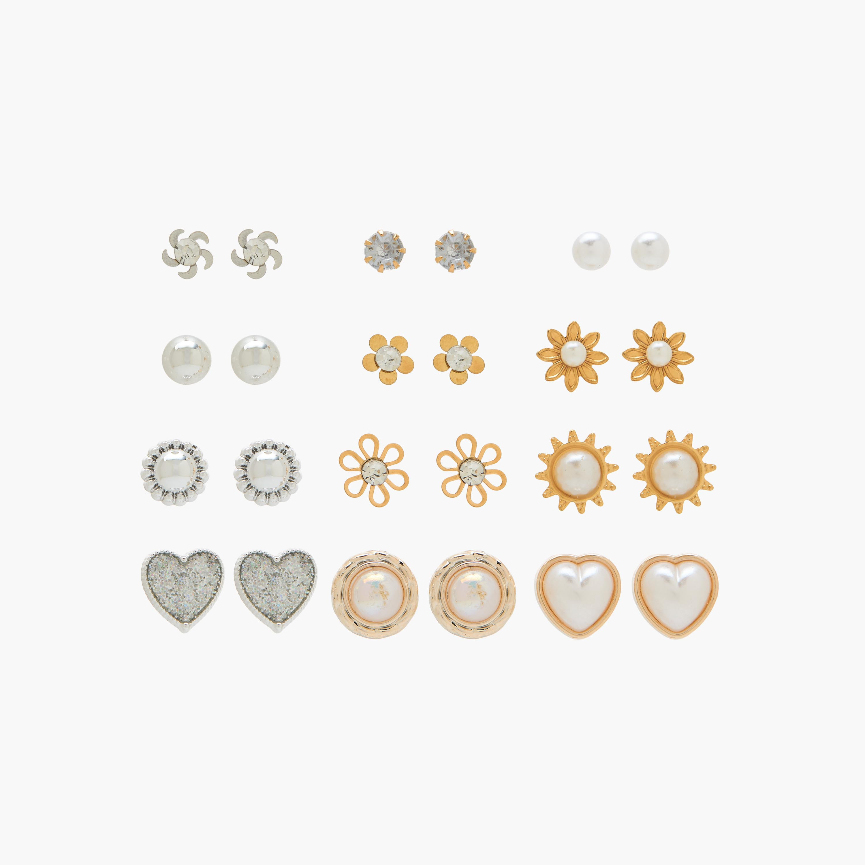 Pack of 12 Metallic Embellished Stud Earrings with Pushback Closure-women-watchesandjewellery-jewellery-earrings-image-1