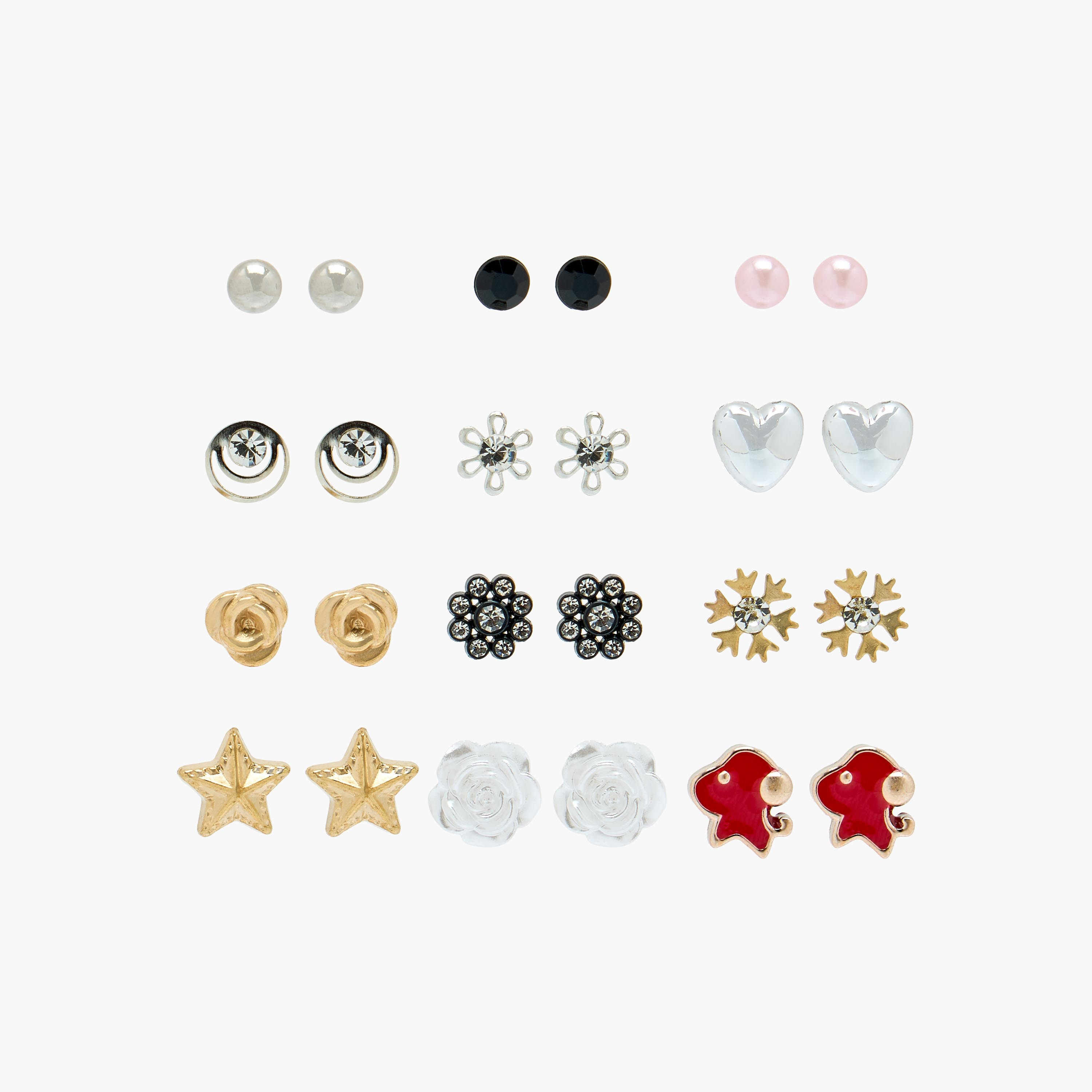 Pack of 12 Metallic Stud Earrings with Pushback Closure-women-watchesandjewellery-jewellery-earrings-image-1