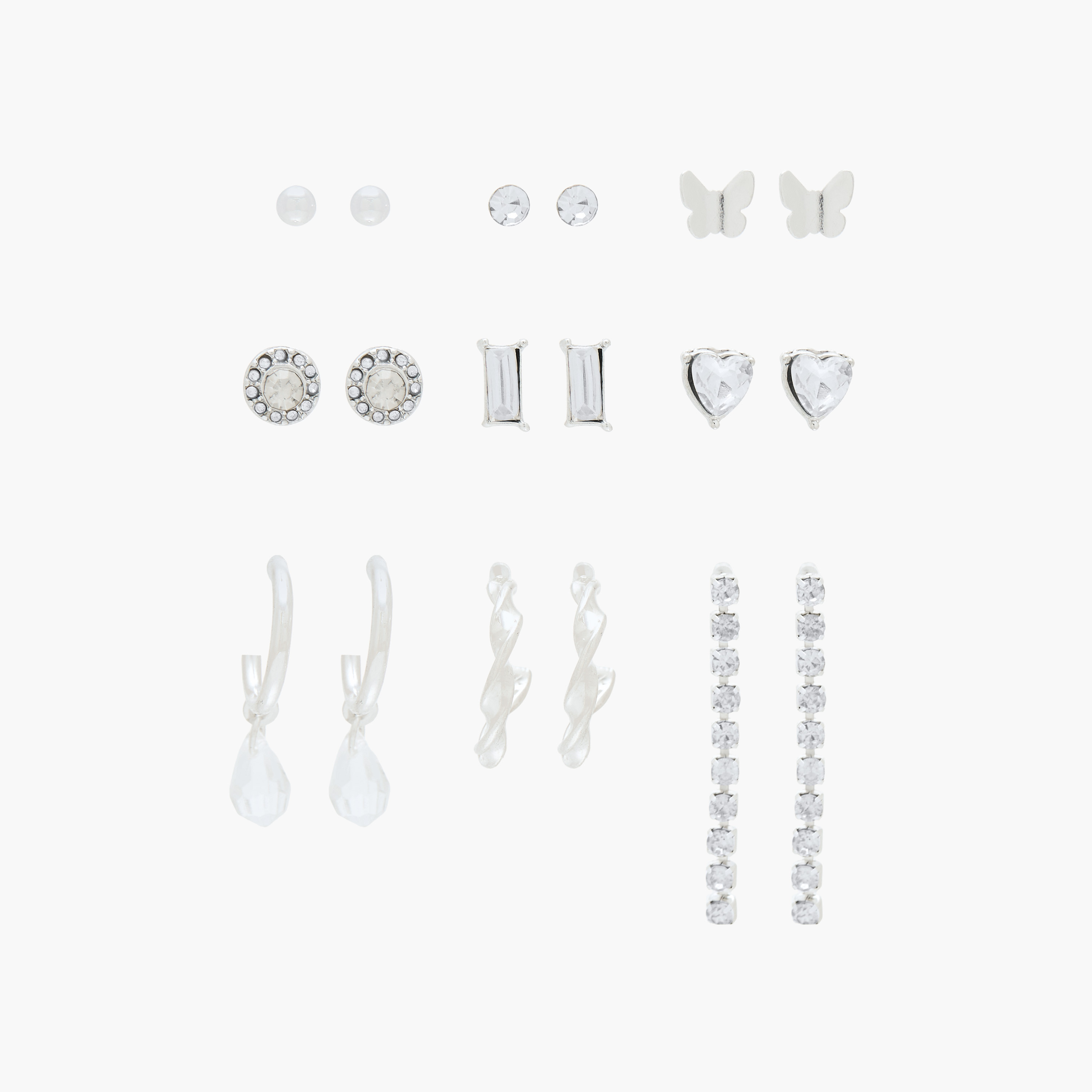 Pack of 9 Silver Tone Earrings with Pushback Closure-women-watchesandjewellery-jewellery-earrings-image-1