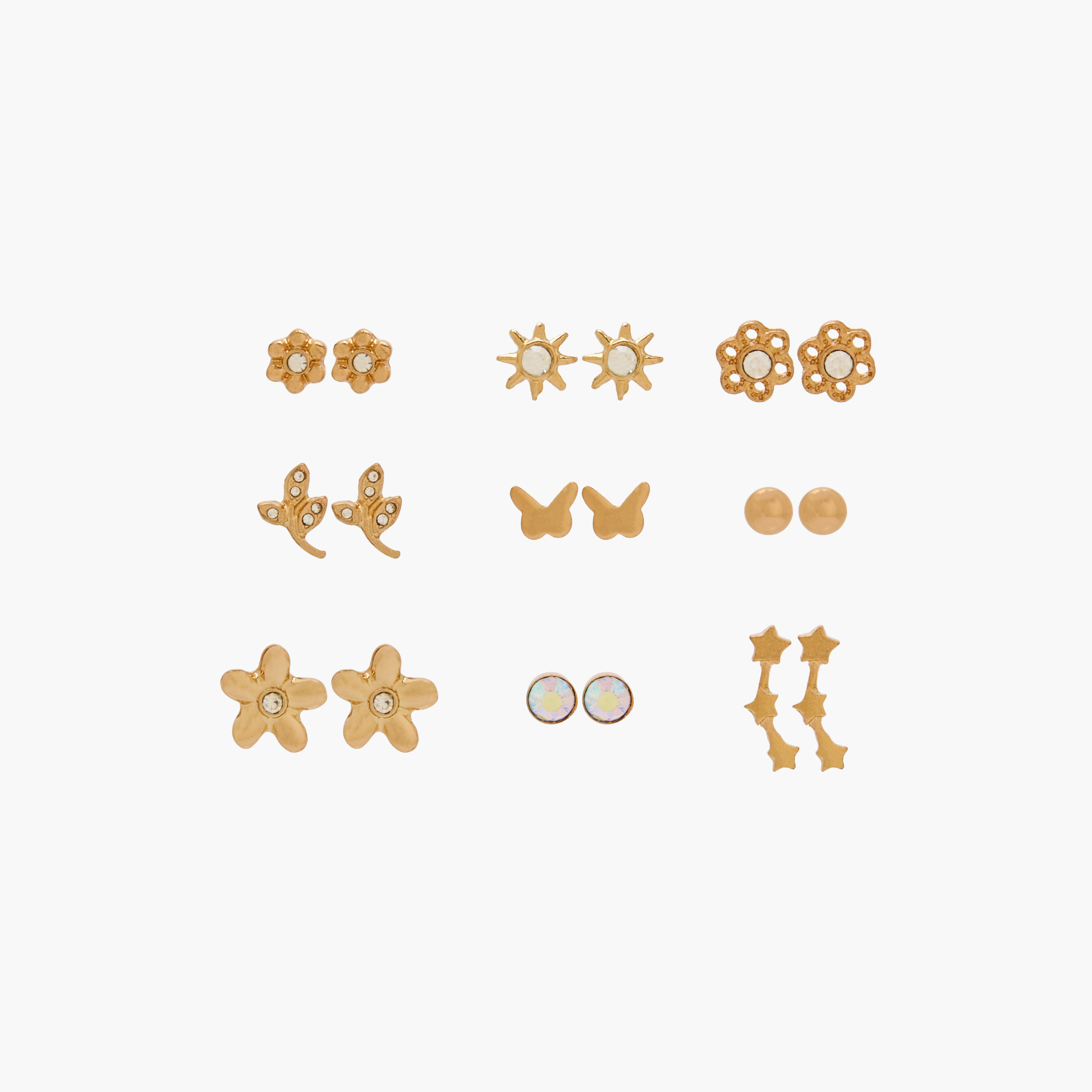 Pack of 9 Assorted Gold Tone Stud Earrings with Pushback Closure-women-watchesandjewellery-jewellery-earrings-image-1
