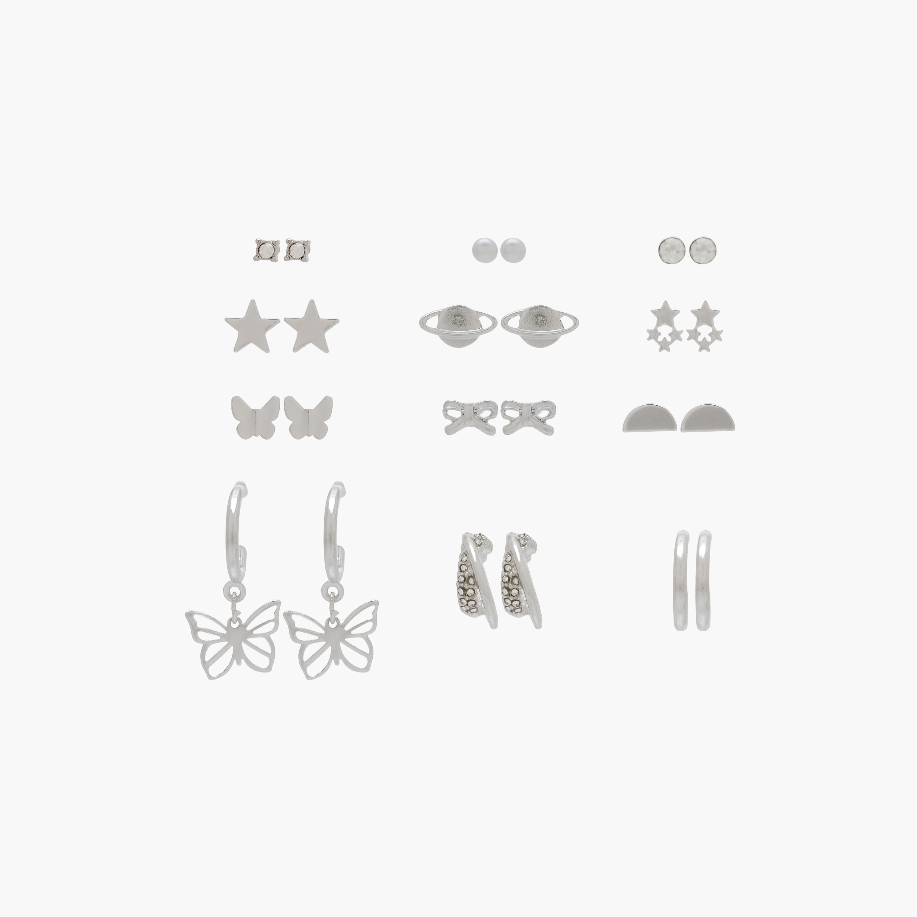 Pack of 12 Assorted Silver Tone Earrings with Pushback Closure-women-watchesandjewellery-jewellery-earrings-image-1