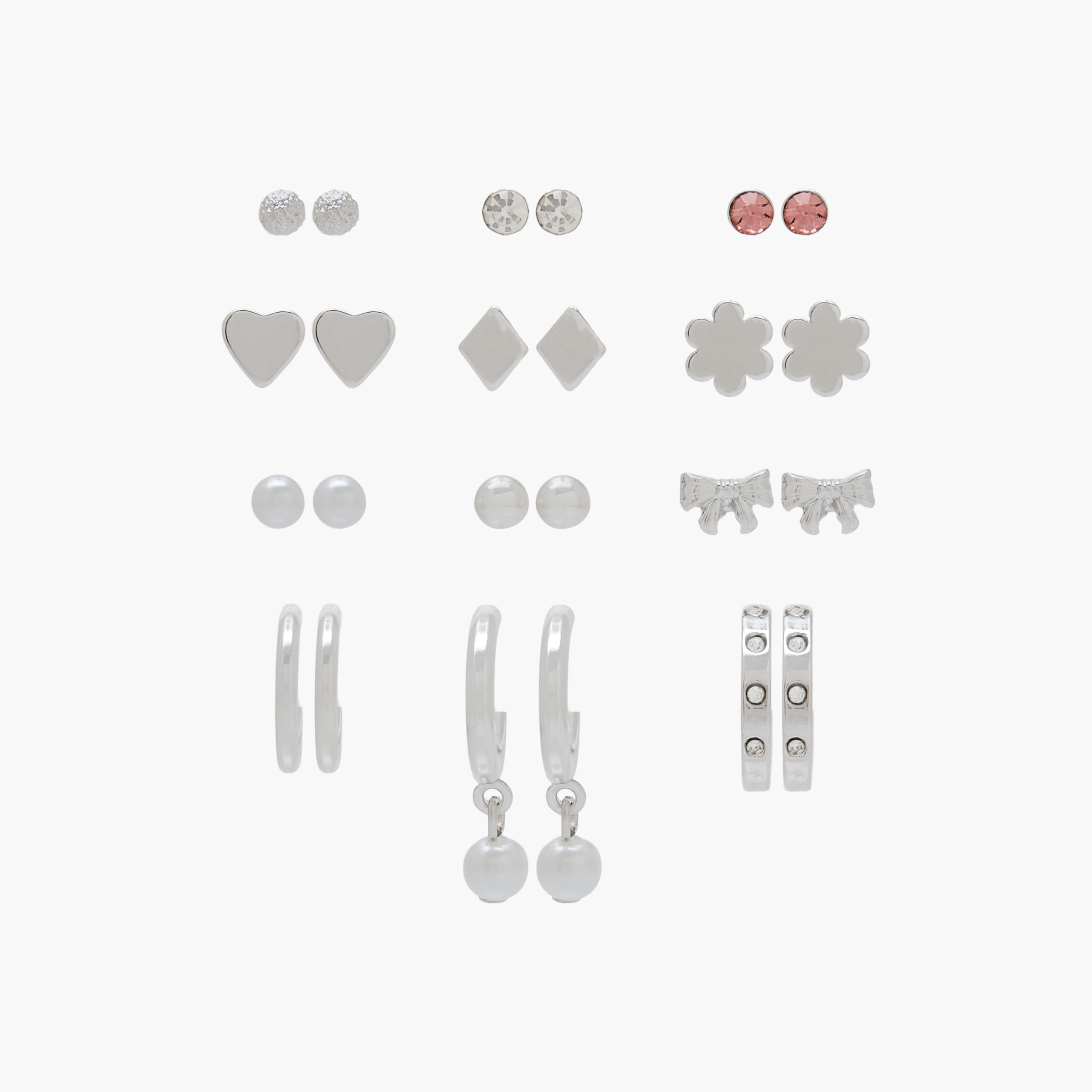 Pack of 12 Assorted Silver Tone Earrings with Pushback Closure-women-watchesandjewellery-jewellery-earrings-image-1