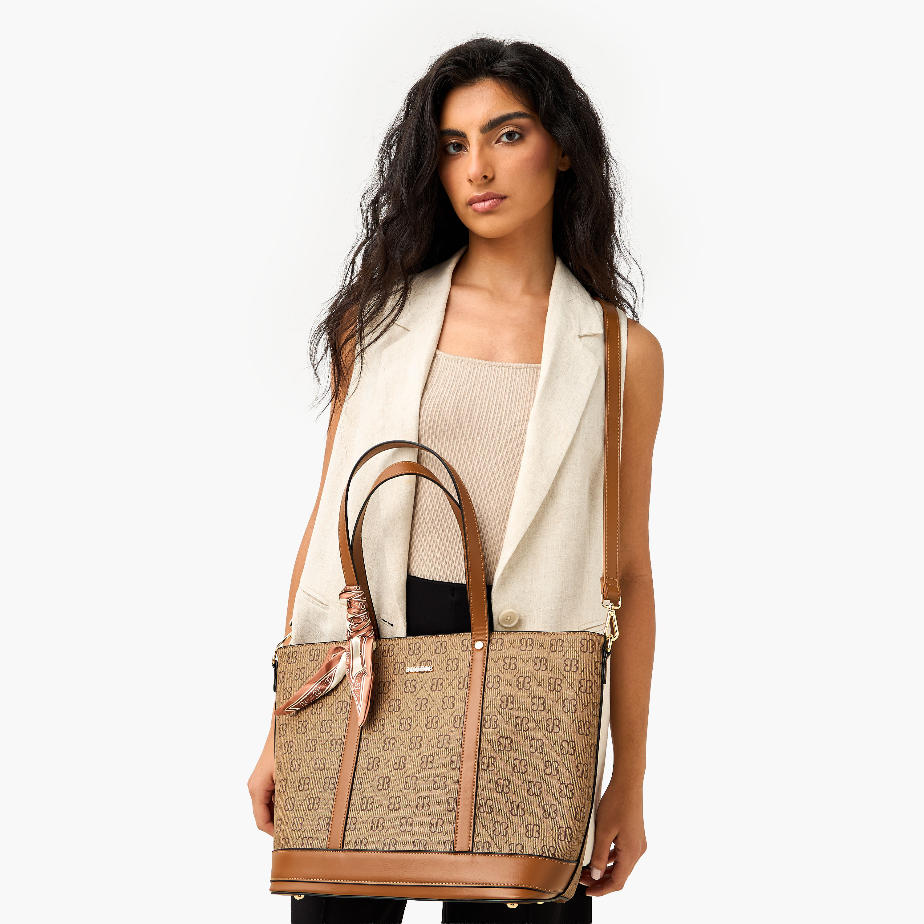 Bessie London Monogram Print Tote Bag with Scarf-women-bagsandwallets-handbags-image-2