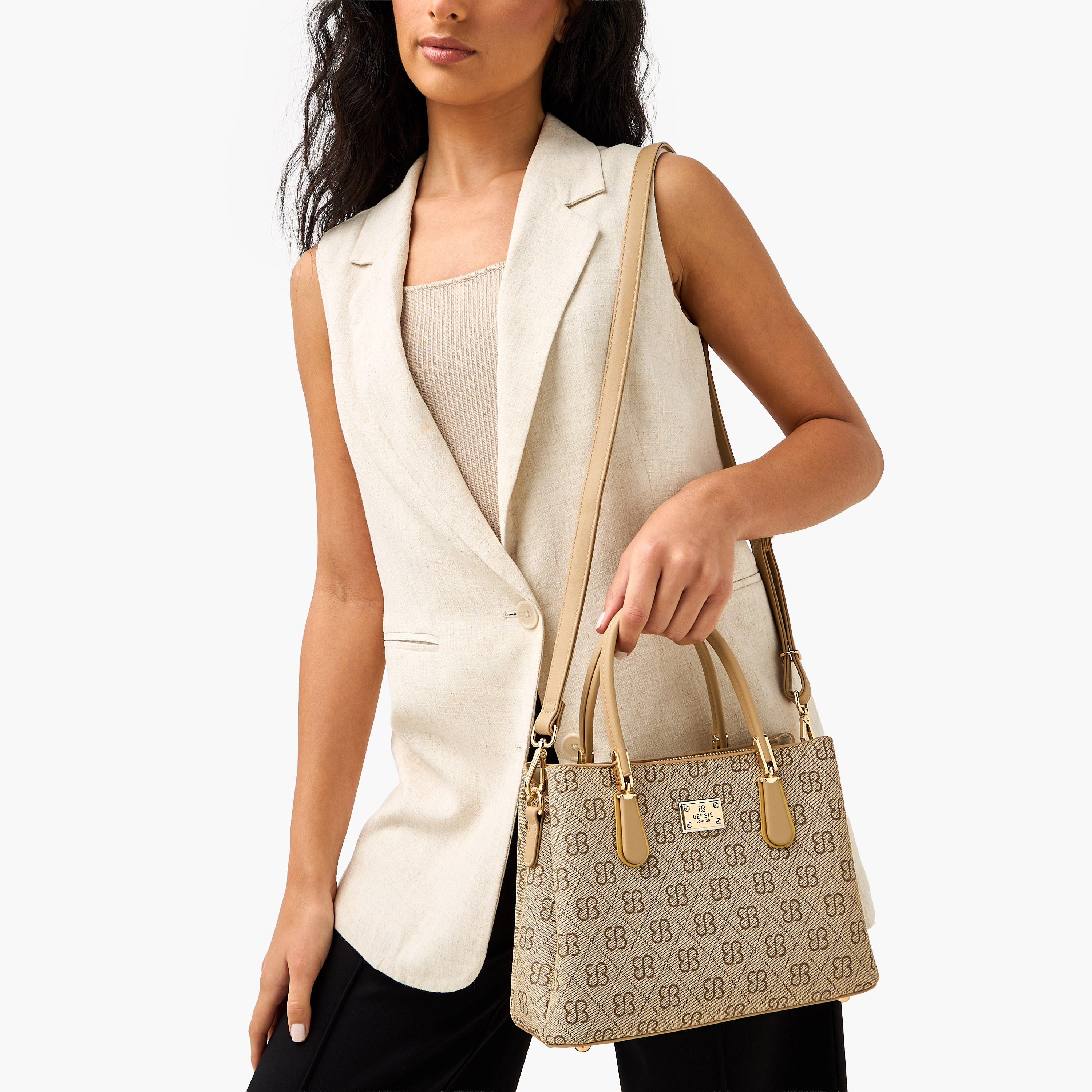 Bessie London Monogram Print Satchel Bag with Double Handle-women-bagsandwallets-handbags-image-2