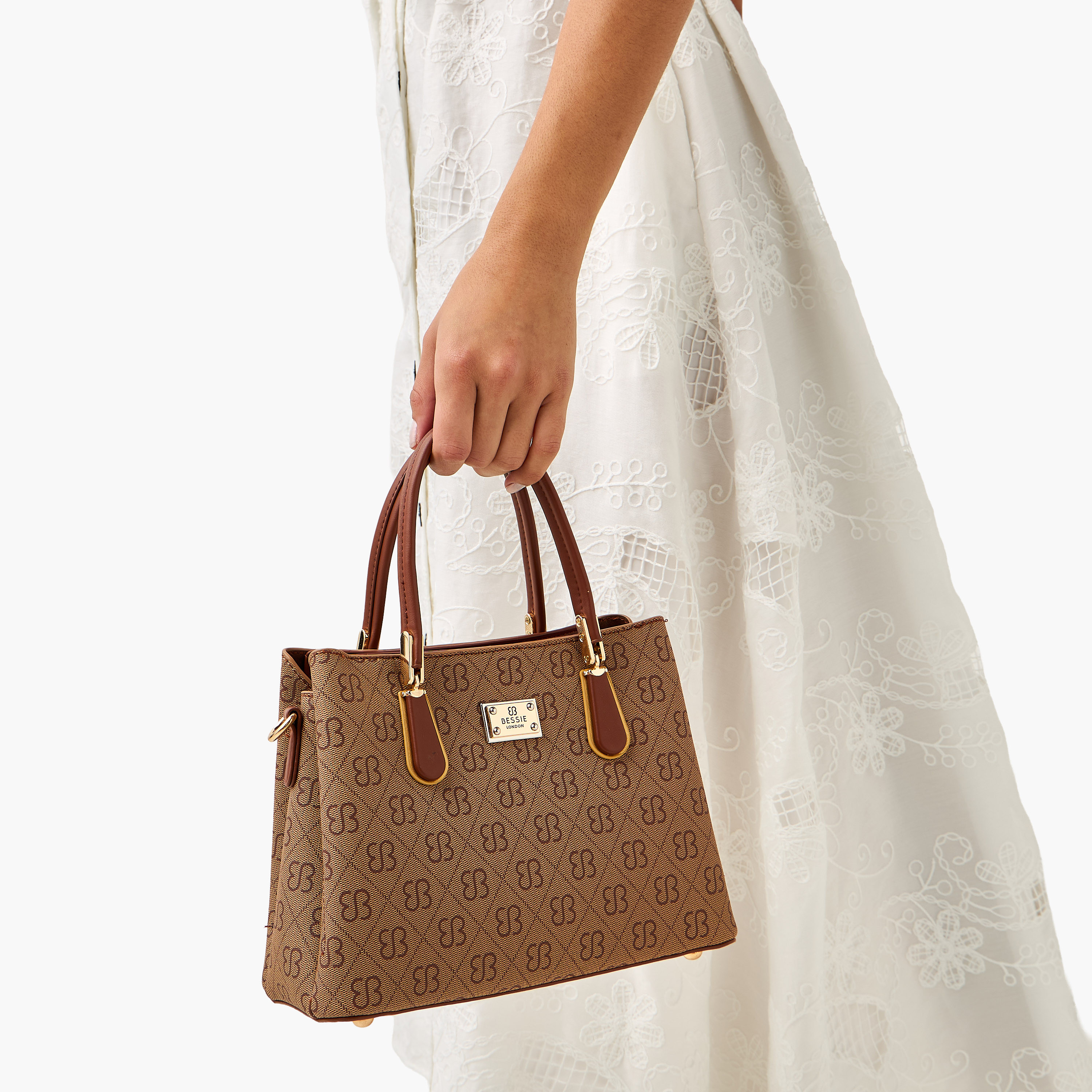 Bessie London Monogram Print Satchel Bag with Double Handle-women-bagsandwallets-handbags-image-2