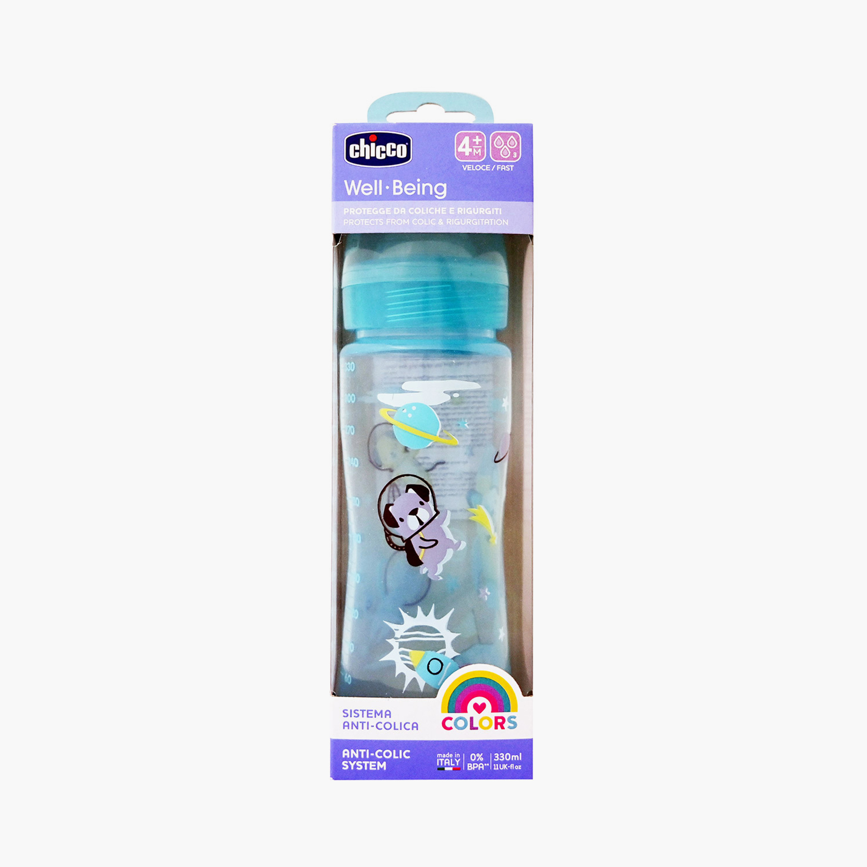 زجاجة رضاعة ويل بينج بتدفق سريع من شيكو - 330 مل - 4 أشهر+ - أزرق-baby-feeding-feedingbottles-bottlesandteats-image-2