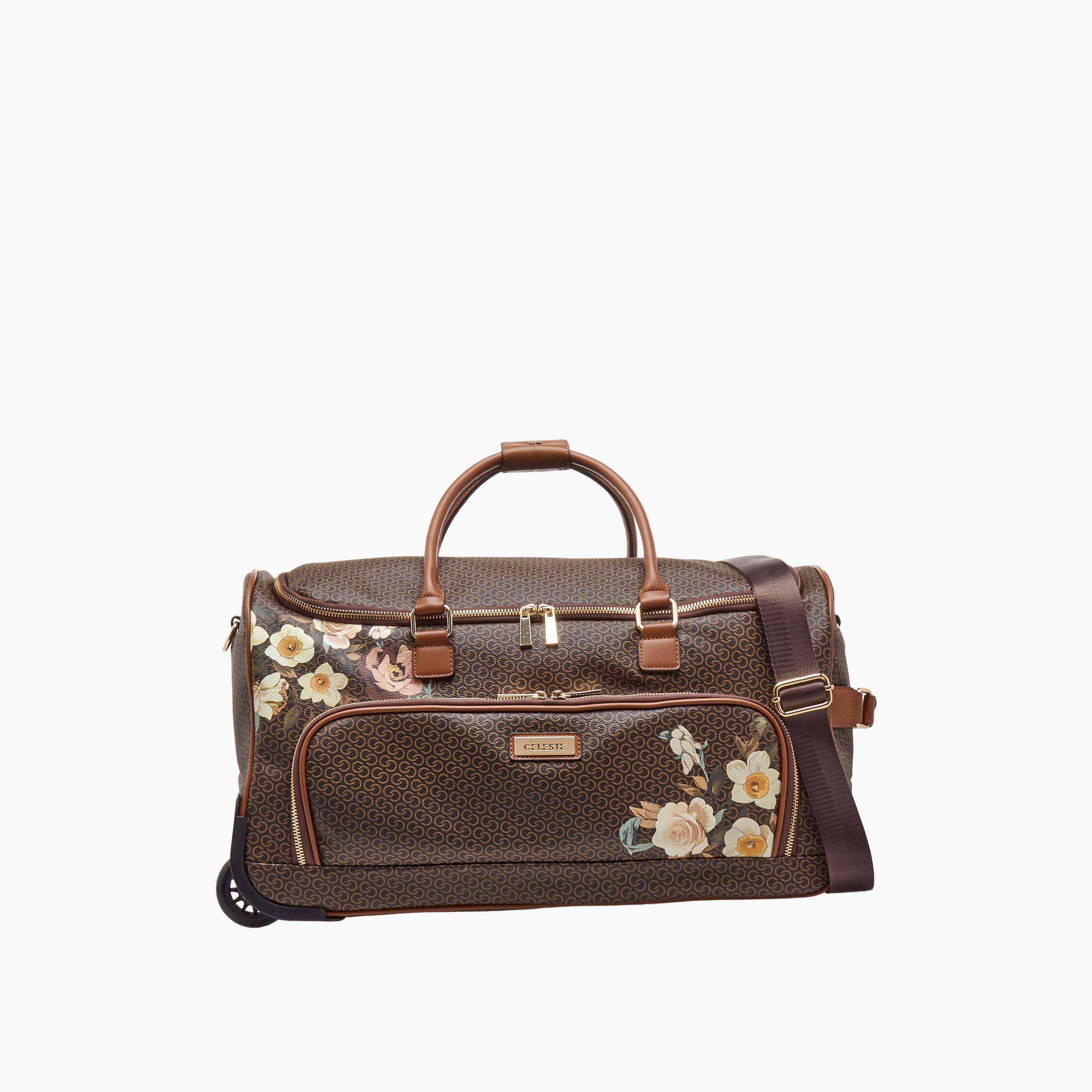 Celeste Monogram Print Duffle Bag with Retractable Handle-travel-luggagesandbags-dufflebags-image-1