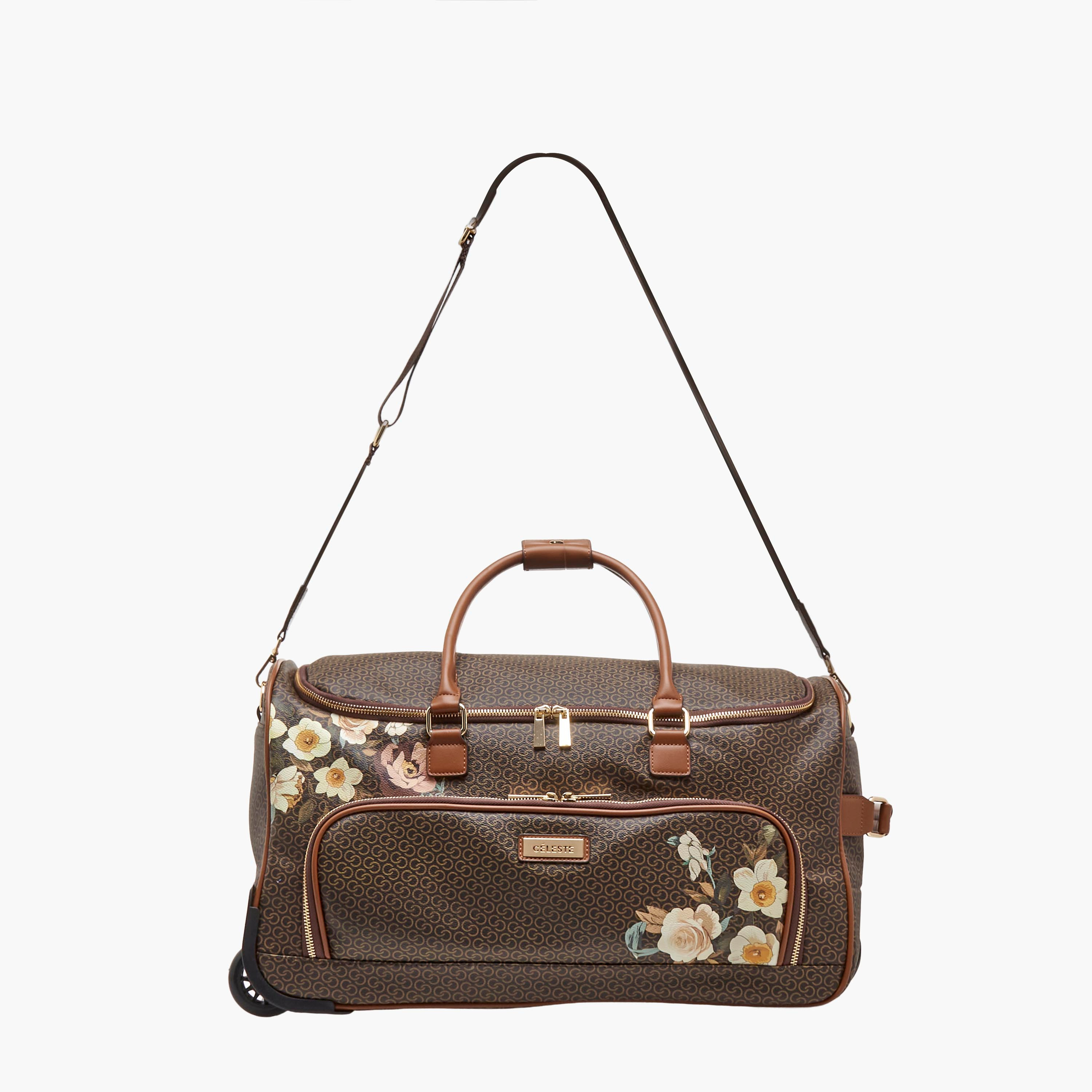 Celeste Monogram Print Duffle Bag with Retractable Handle-travel-luggagesandbags-dufflebags-image-3