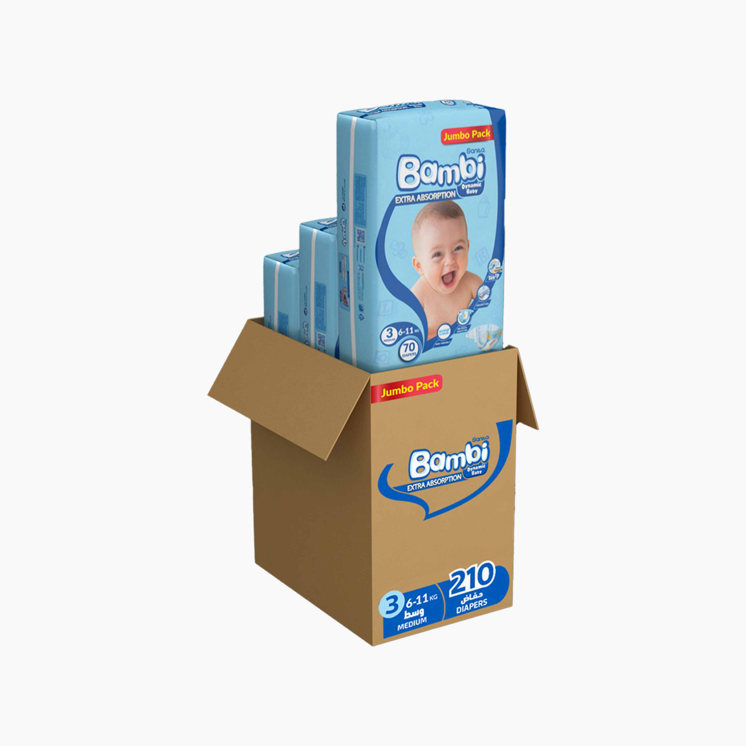 Sanita Bambi Extra Absorption Size 3, Medium 210-Diapers Pack - 6-11 kg-baby-diapering-diapers-image-1