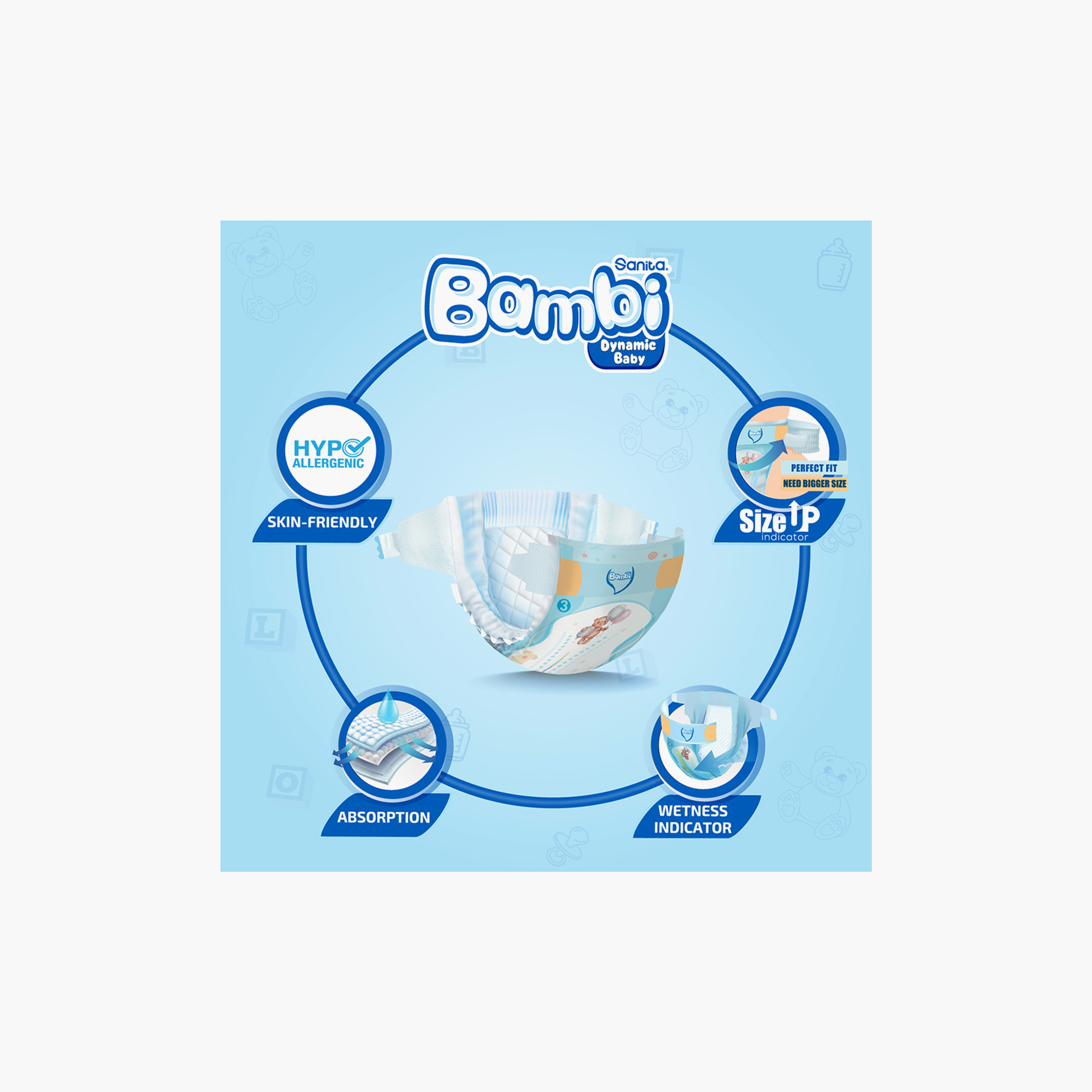 Sanita Bambi Extra Absorption Size 3, Medium 210-Diapers Pack - 6-11 kg-baby-diapering-diapers-image-2
