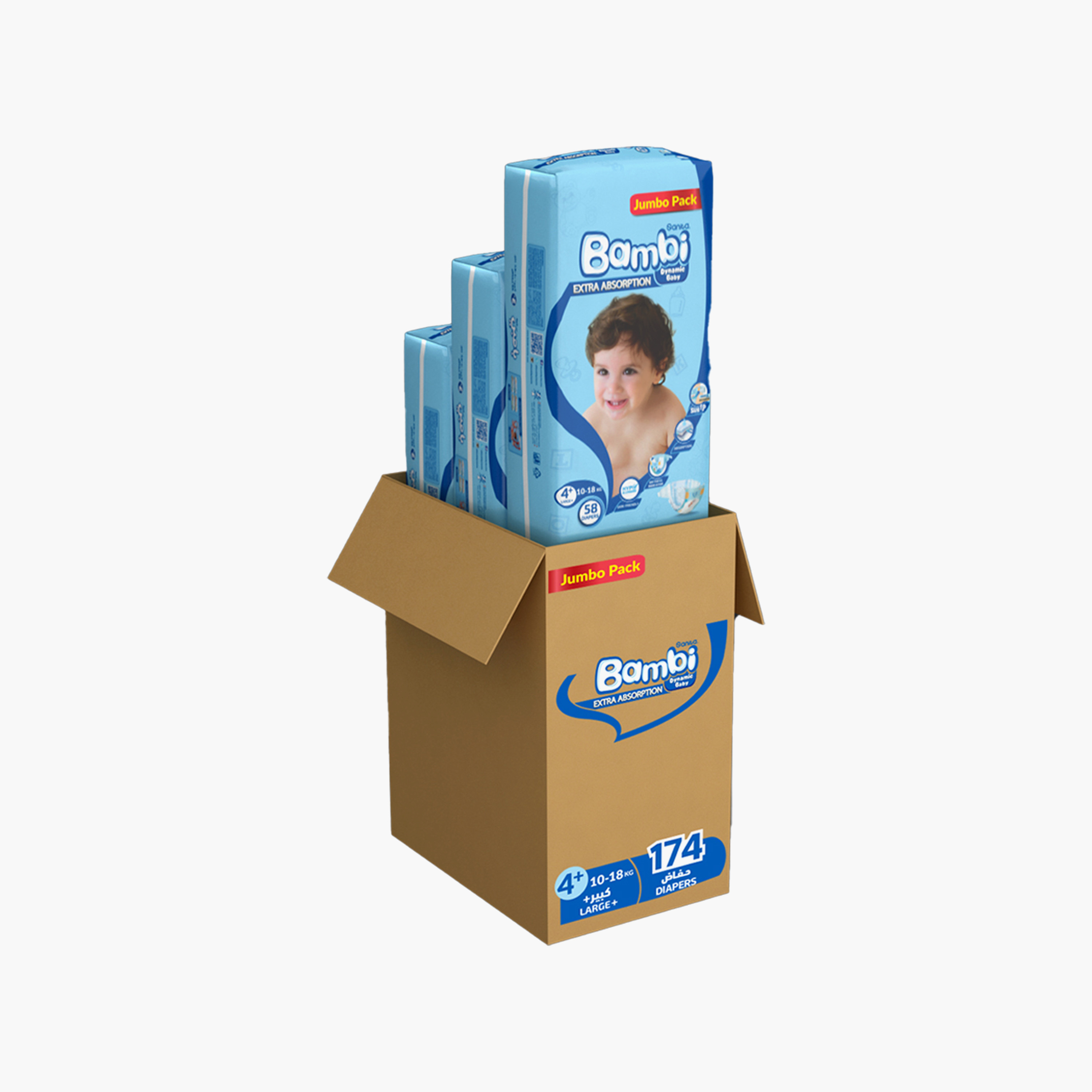 Sanita Bambi Extra Absorption Size 4+, Large+ 174-Diapers Pack - 10-18 kg-baby-diapering-diapers-image-1