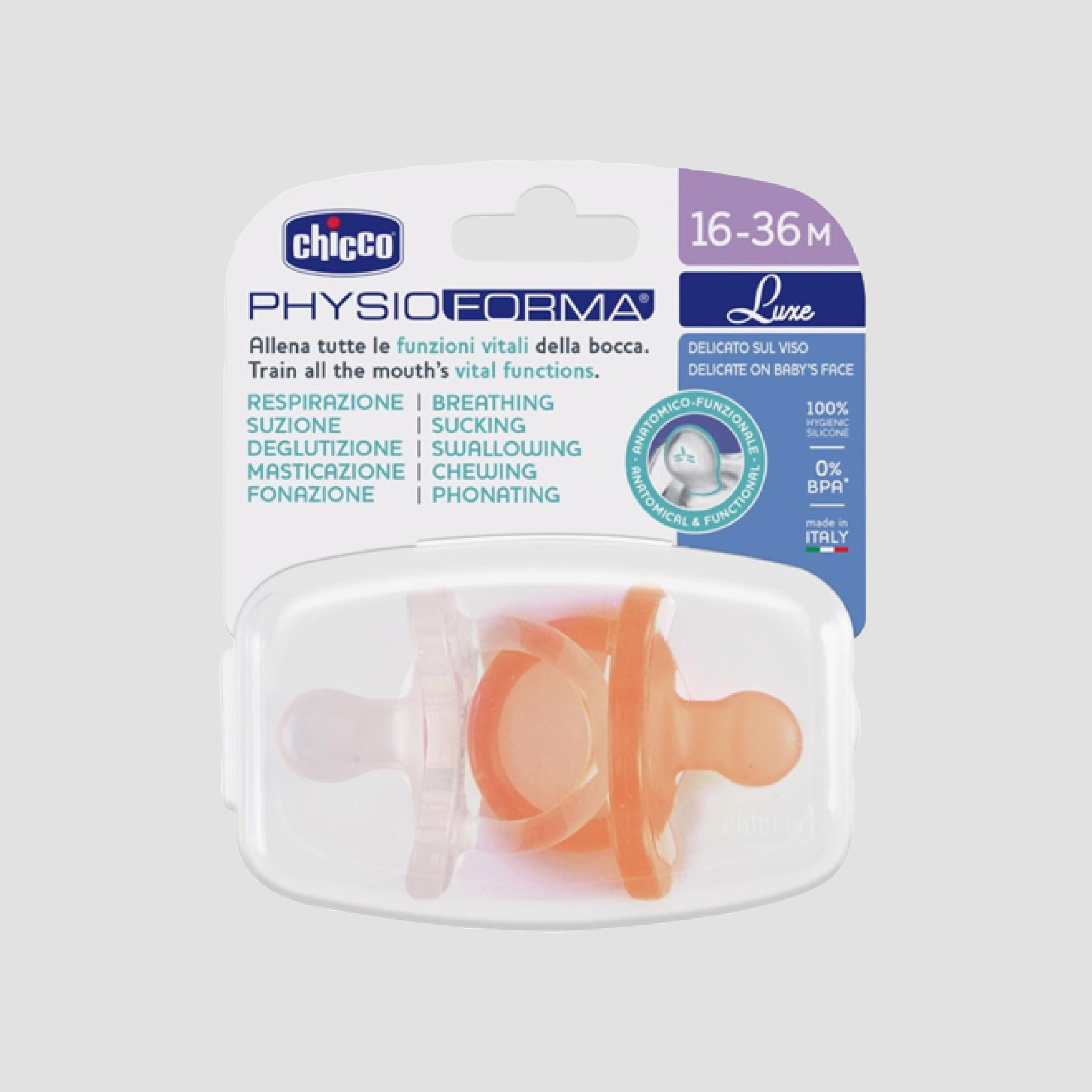Chicco 2-Piece PhysioForma Luxe Soft Silicone Soother - 16-36 Months - Orange/Transparent-baby-feeding-pacifiers-image-2