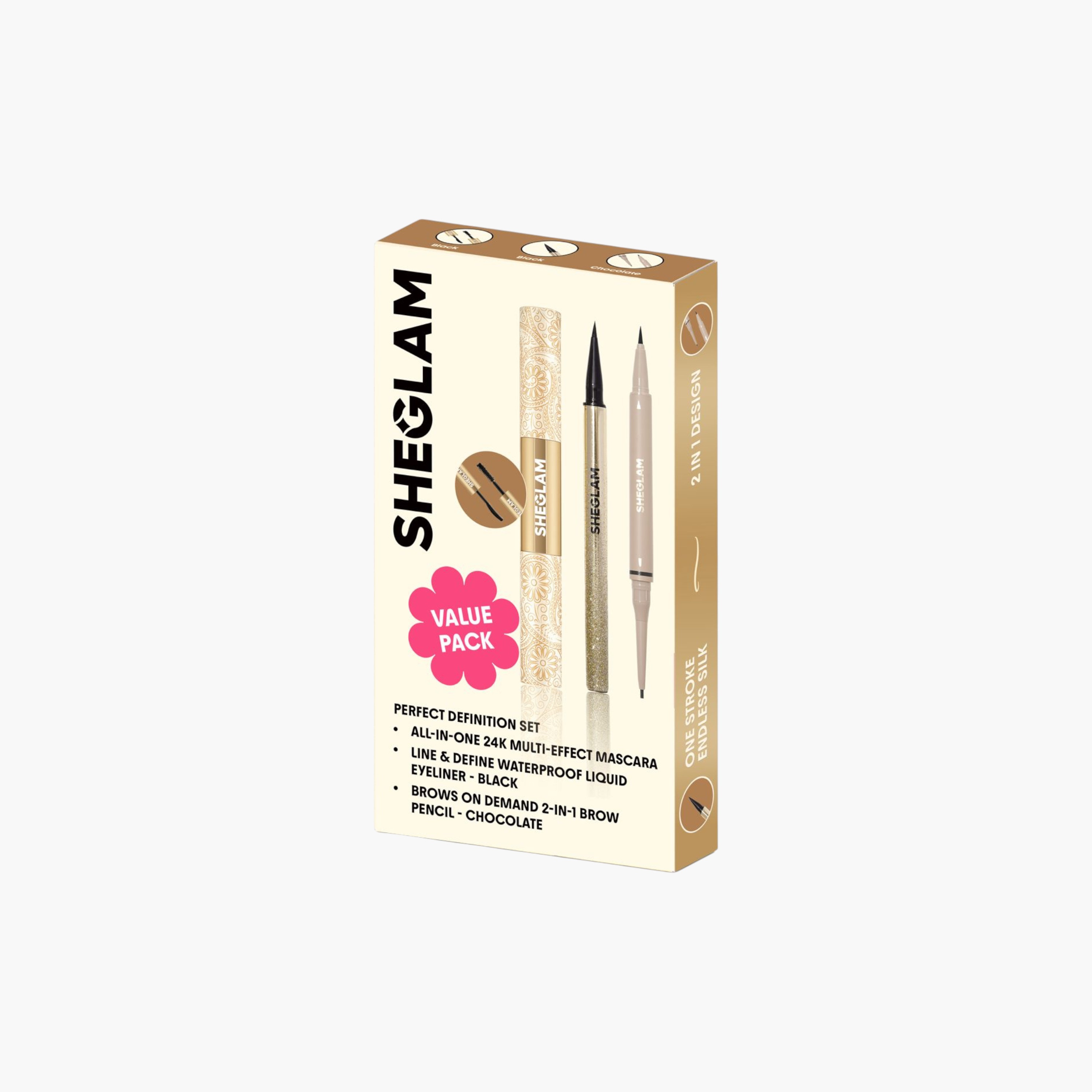 Sheglam Brows on Demand 2-in-1 Brow Pencil - Chocolate + Sheglam All-In-One 24k Multi-Effect Mascara + Sheglam Line & Define Waterproof Liquid Eyeliner - Black-beautyandpersonalcare-makeup-eyes-mascaras-image-1