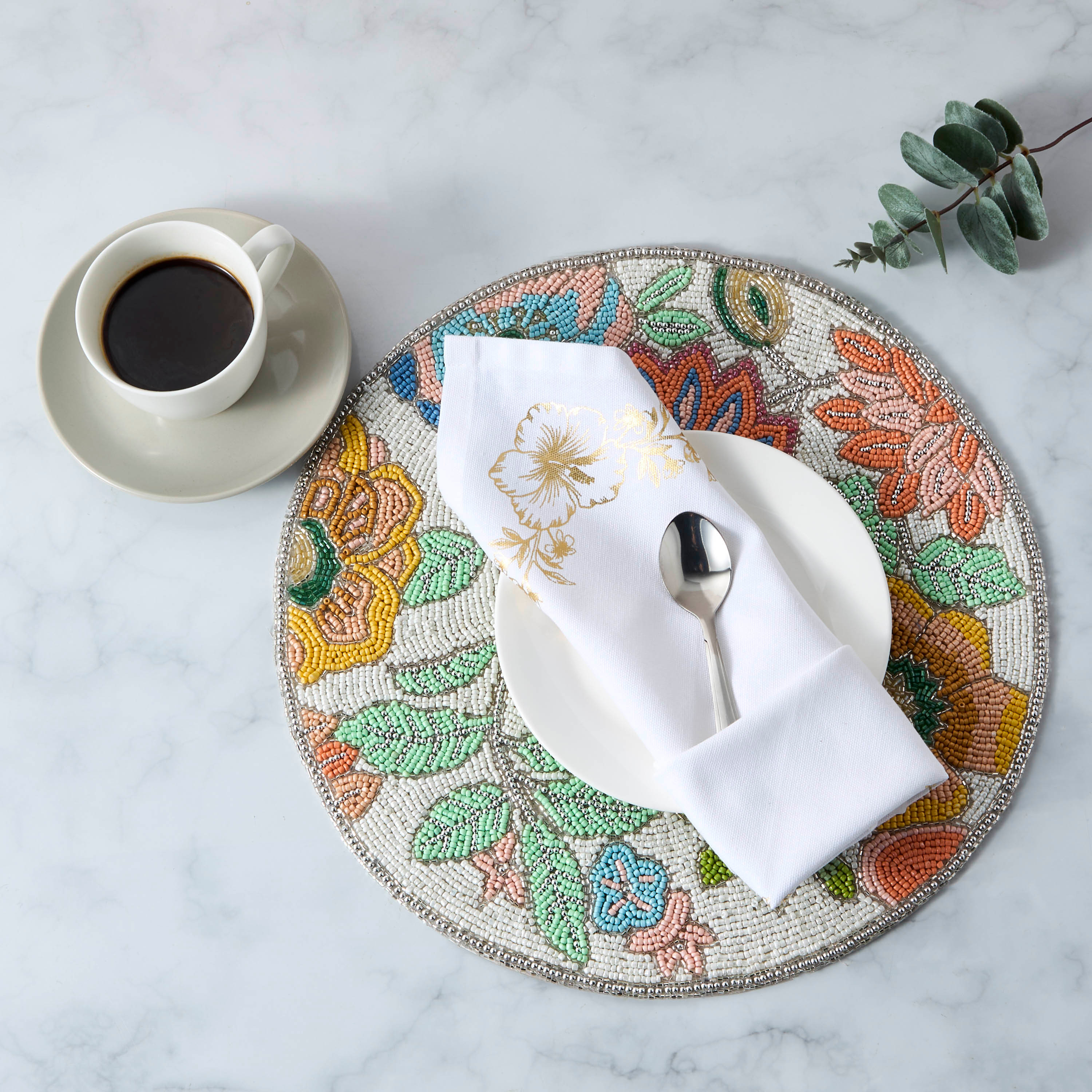 Floral Beaded Round Placemat - 36 cms-household-dining-tablelinen-placemats-image-2