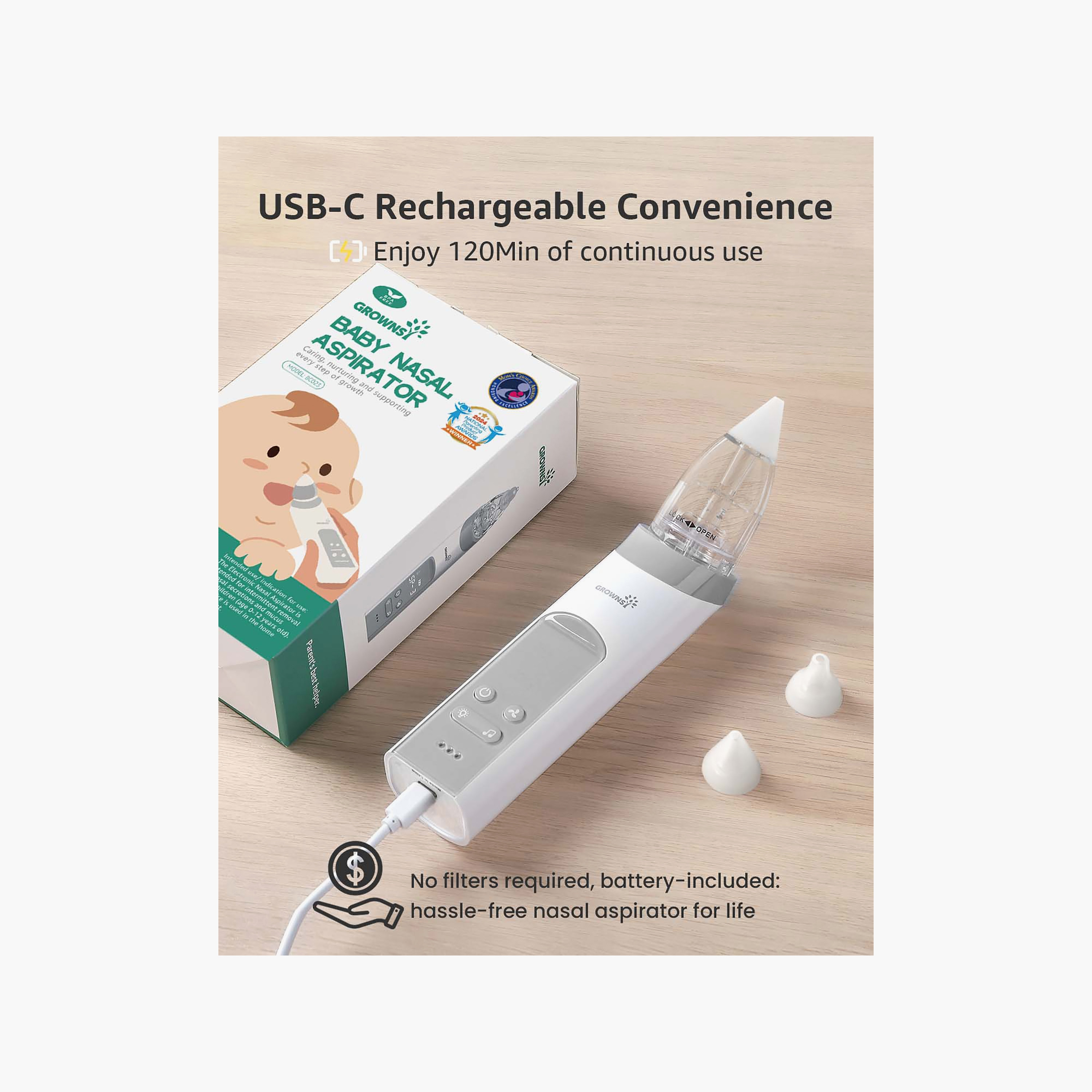 Grownsy Electric Nasal Aspirator with 3 Silicone Tips-baby-healthandsafety-thermometersandaspirators-image-5