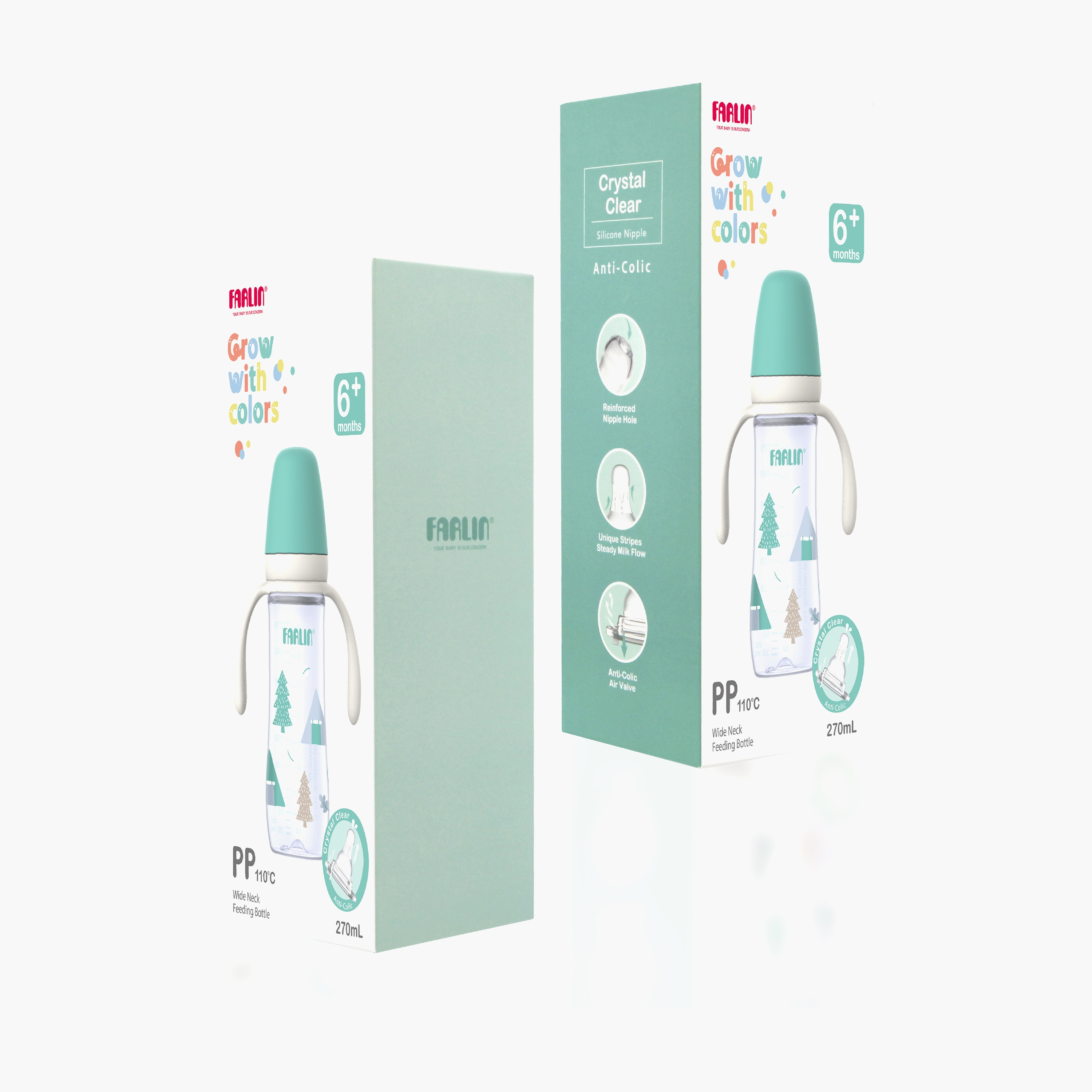 زجاجة رضاعة برقبة عريضة مطبوعة بمقبض من فارلين - 6 أشهر فما فوق - 270مل - أخضر-baby-feeding-feedingbottles-bottlesandteats-image-4