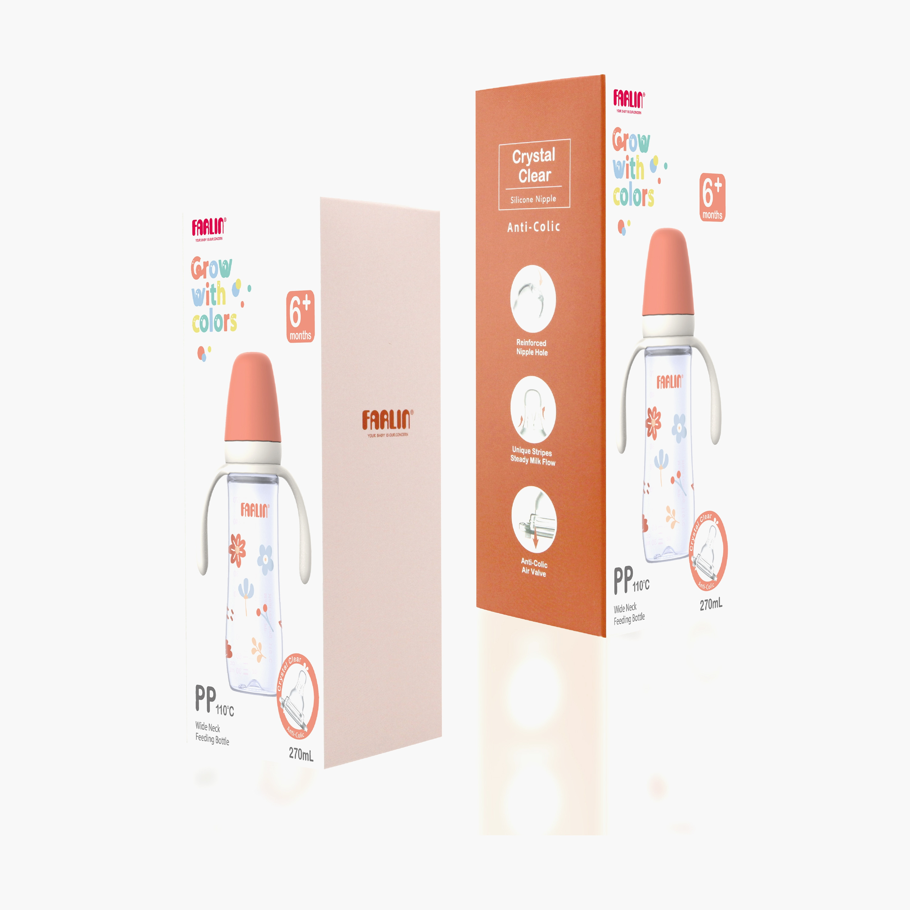 زجاجة رضاعة برقبة عريضة مطبوعة بمقبض من فارلين - 6 أشهر فما فوق - 270 مل - وردي-baby-feeding-feedingbottles-bottlesandteats-image-4