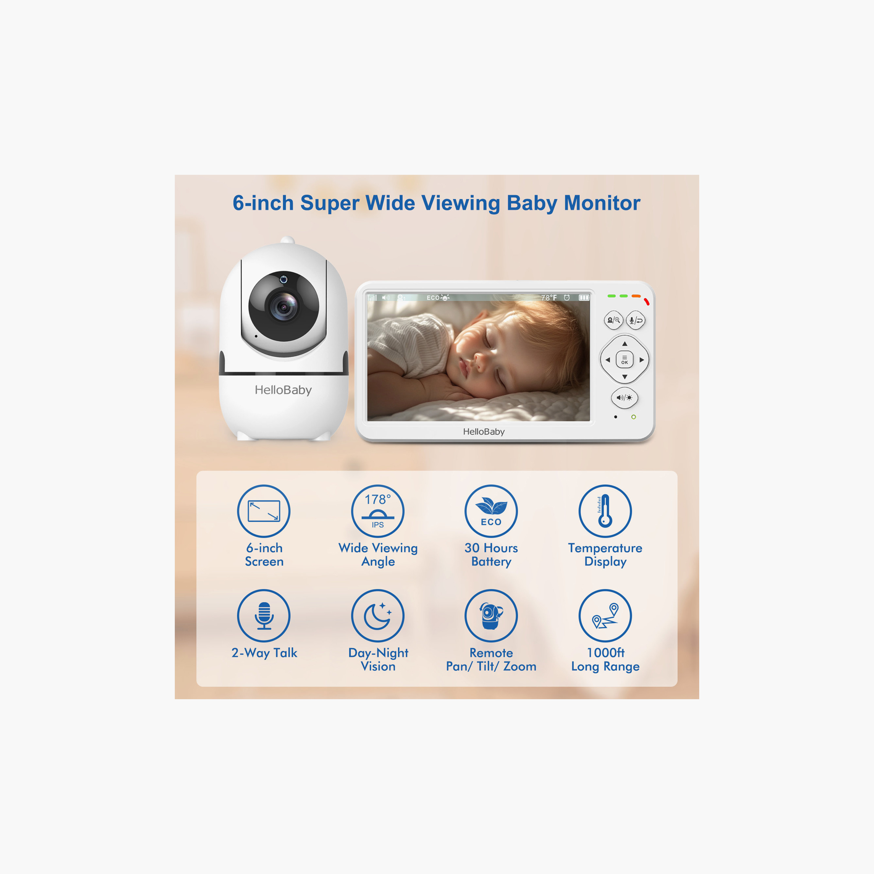 HelloBaby -  World's 1st  6-inch IPS LCD Video Baby Monitor w/ Remote Pan, Tilt & Zoom, 1000 ft, Night Vision-baby-healthandsafety-babymonitors-image-4