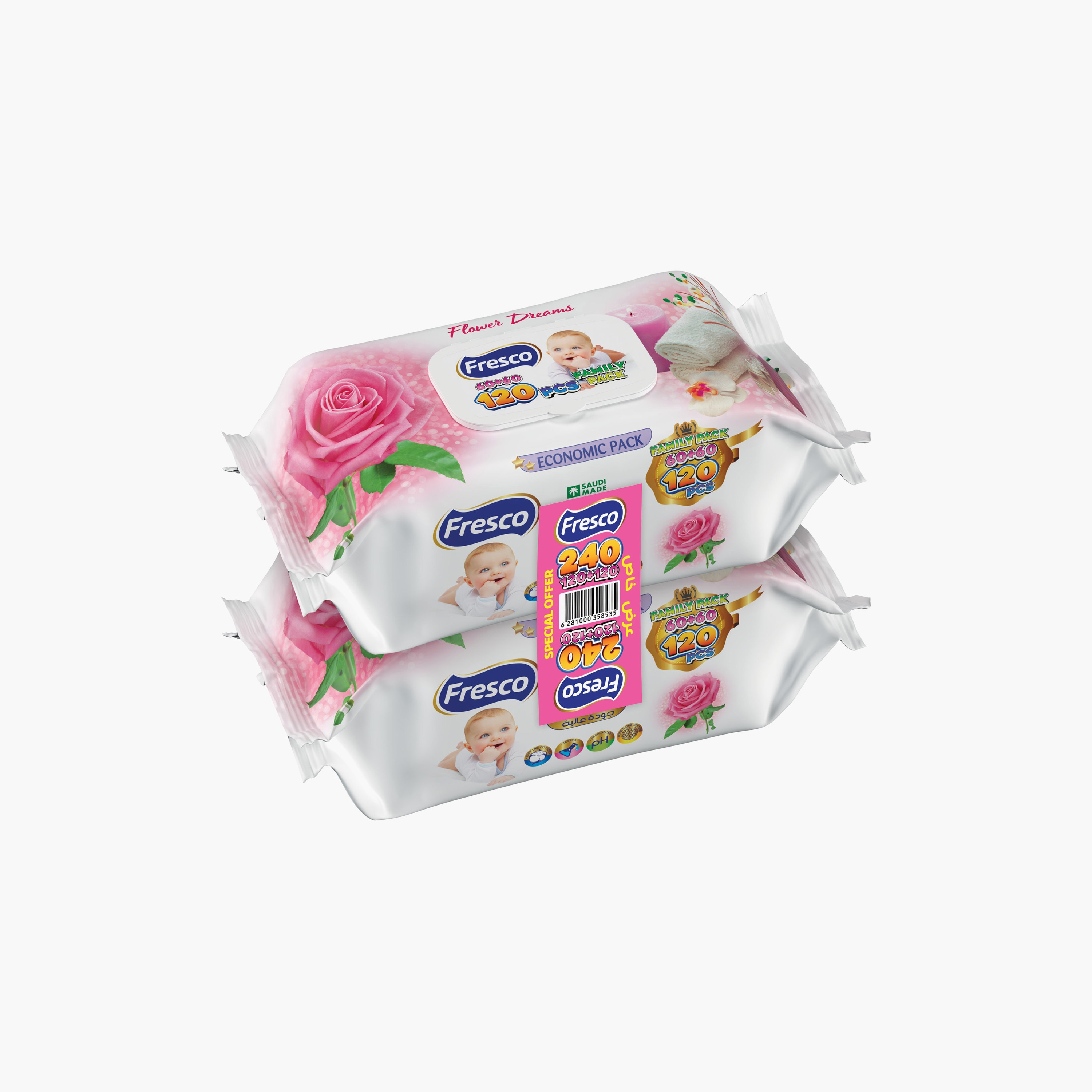 Fresco Pack of 2 Flower Dreams Wet Wipes, 240-Pieces-baby-diapering-babywipes-image-1