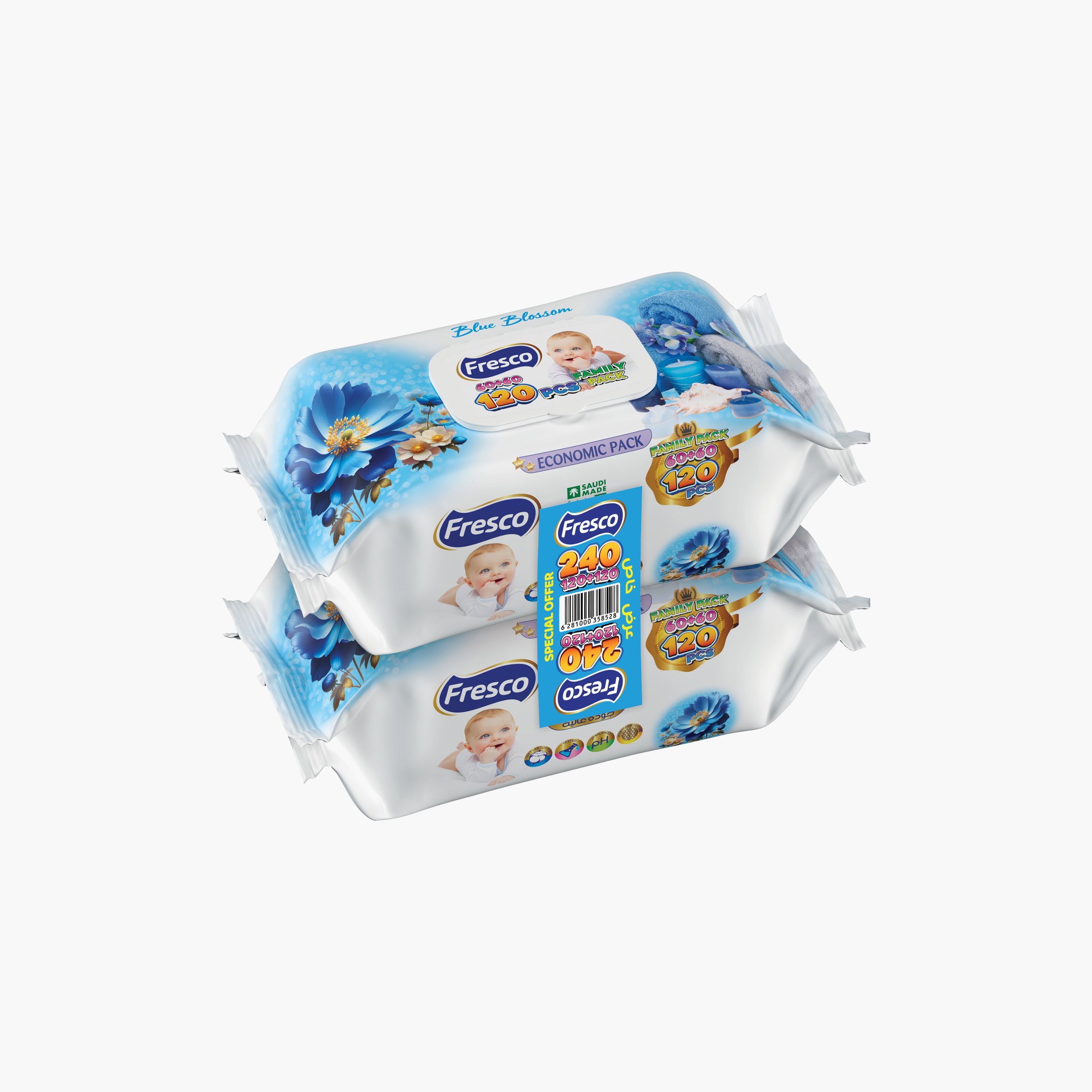 Fresco Pack of 2 Blue Blossom Wet Wipes, 240-Pieces-baby-diapering-babywipes-image-1