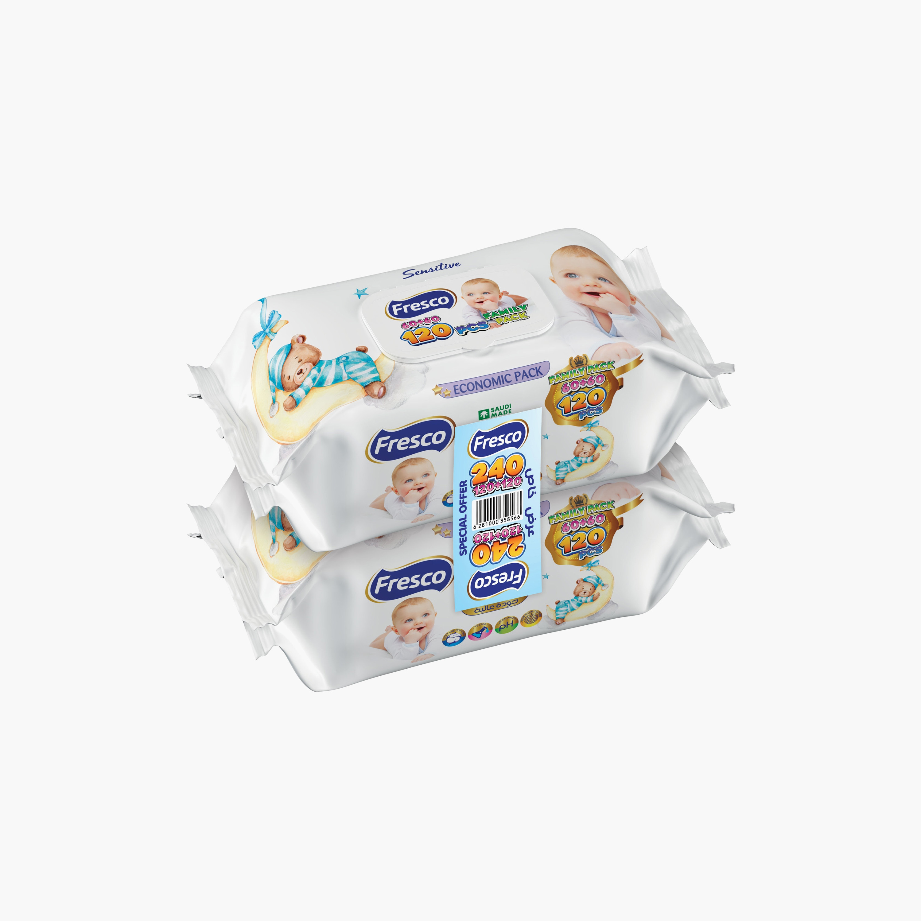 Fresco Pack of 2 Sensitive Wet Wipes, 240-Pieces-baby-diapering-babywipes-image-1
