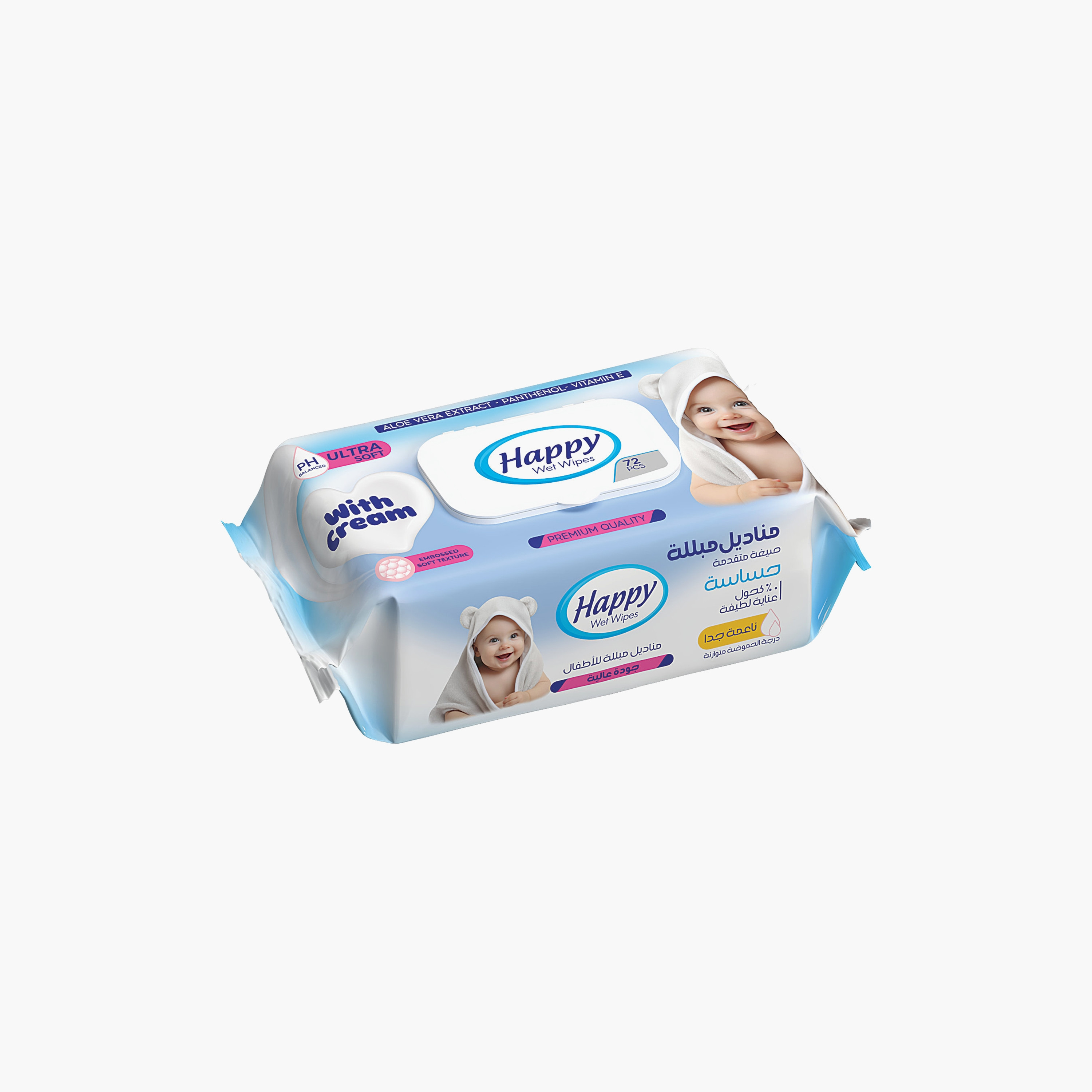 مناديل مبللة هابي، 72 قطعة، فائقة النعومة بالألوفيرا والكريم-baby-diapering-babywipes-image-1