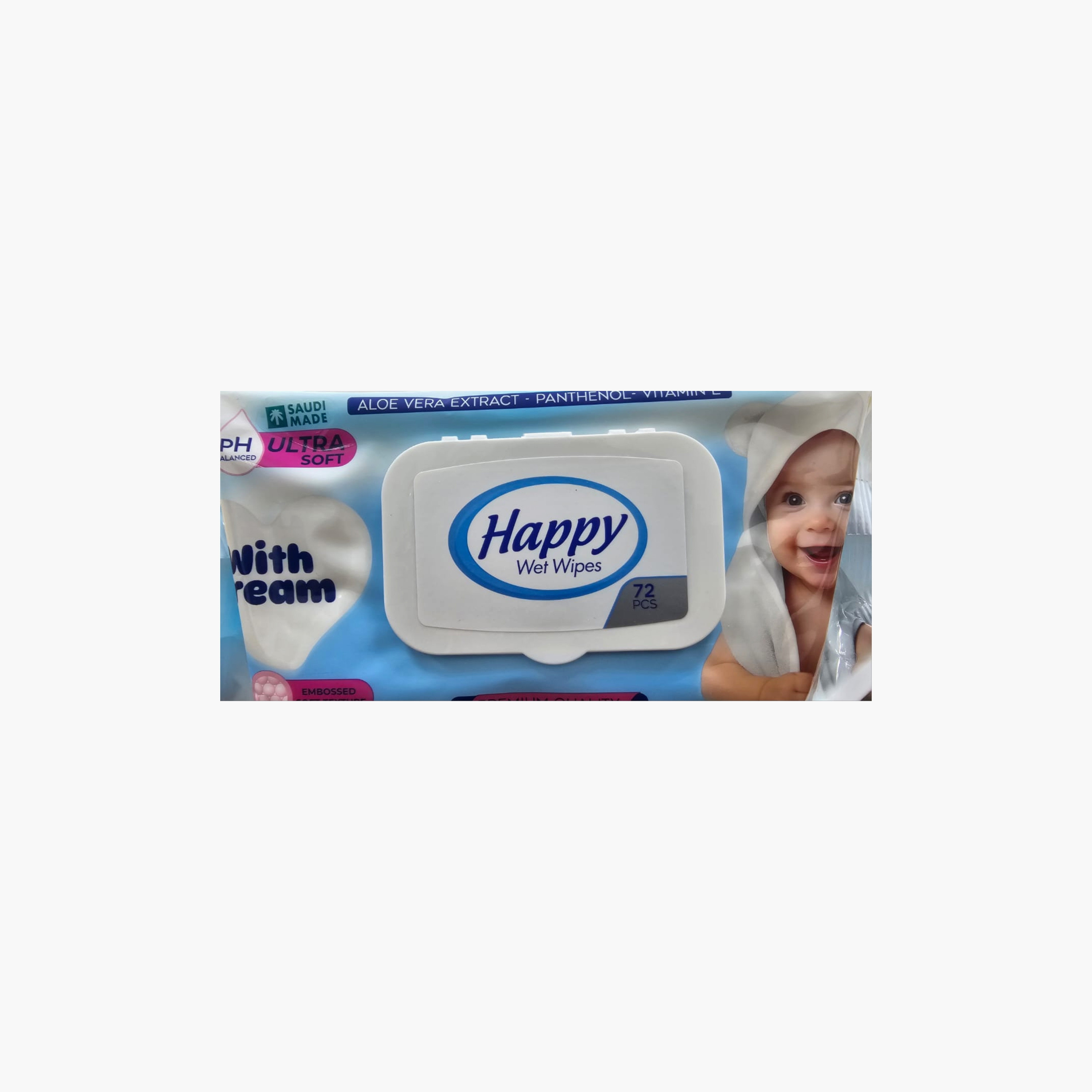 مناديل مبللة هابي، 72 قطعة، فائقة النعومة بالألوفيرا والكريم-baby-diapering-babywipes-image-2