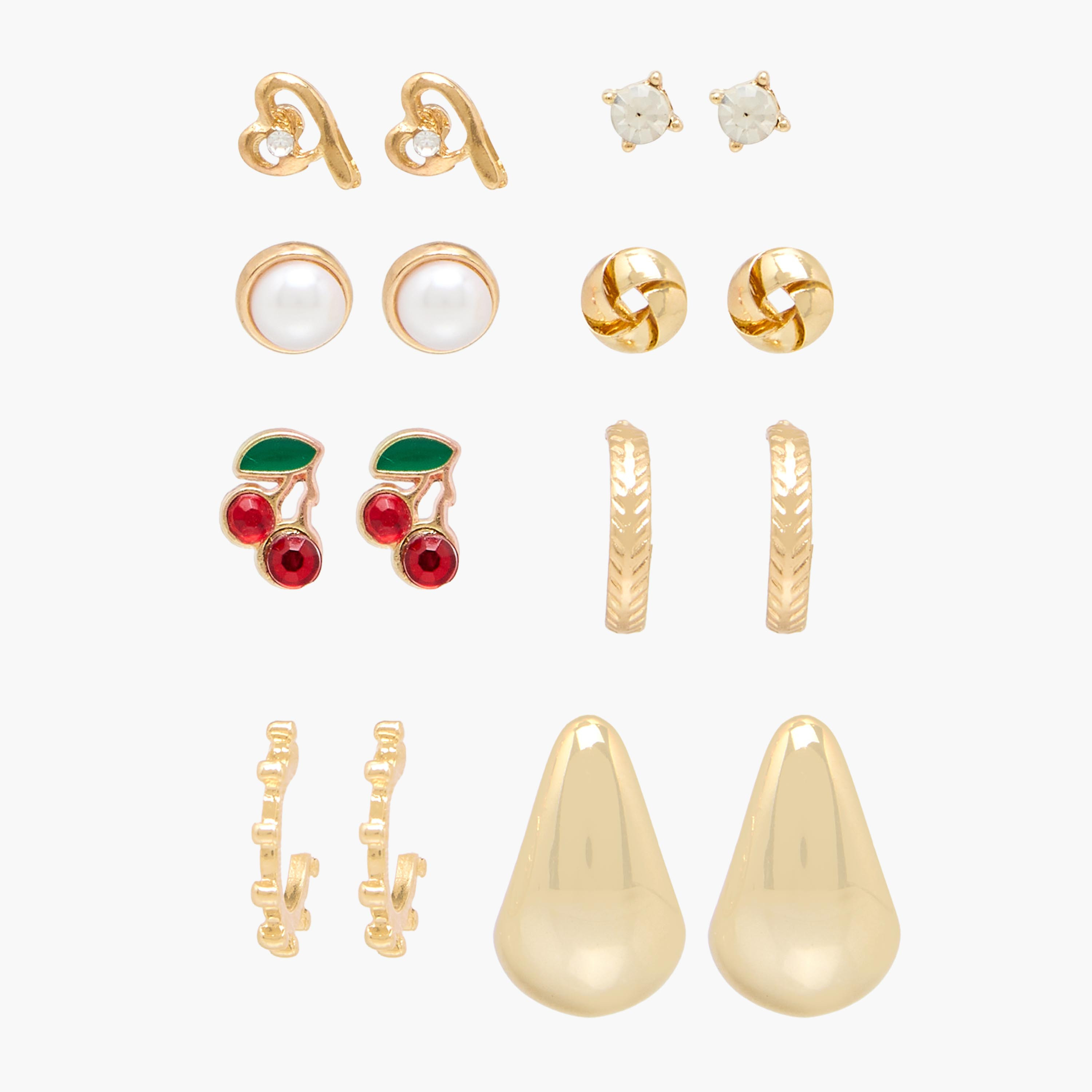 Pack of 9 Gold Tone Assorted Earrings with Pushback Closure-women-watchesandjewellery-jewellery-earrings-image-1
