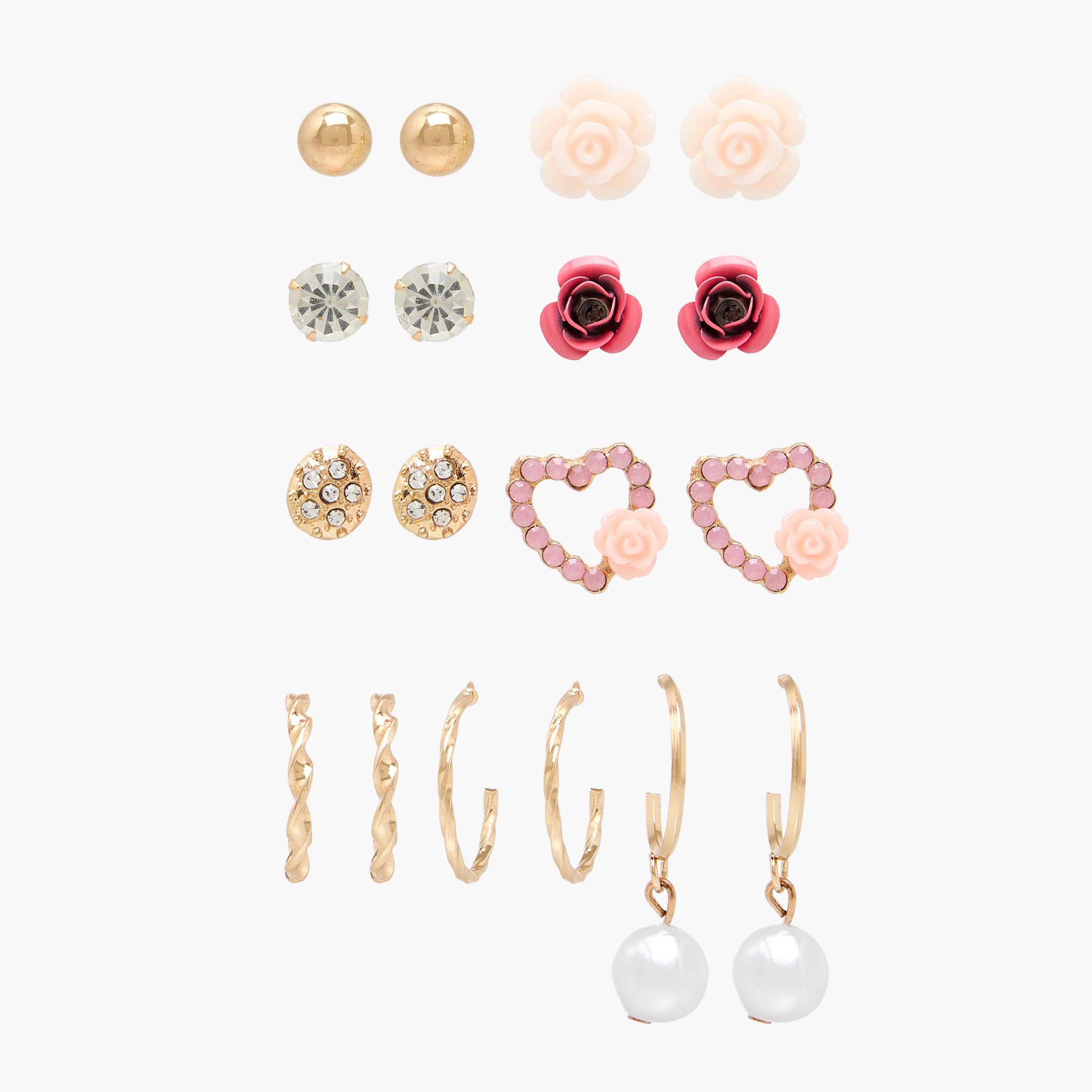 حلقان مزينة باللون الذهبي بمكبس إغلاق خلفي - طقم 9 أزواج-women-watchesandjewellery-jewellery-earrings-image-1