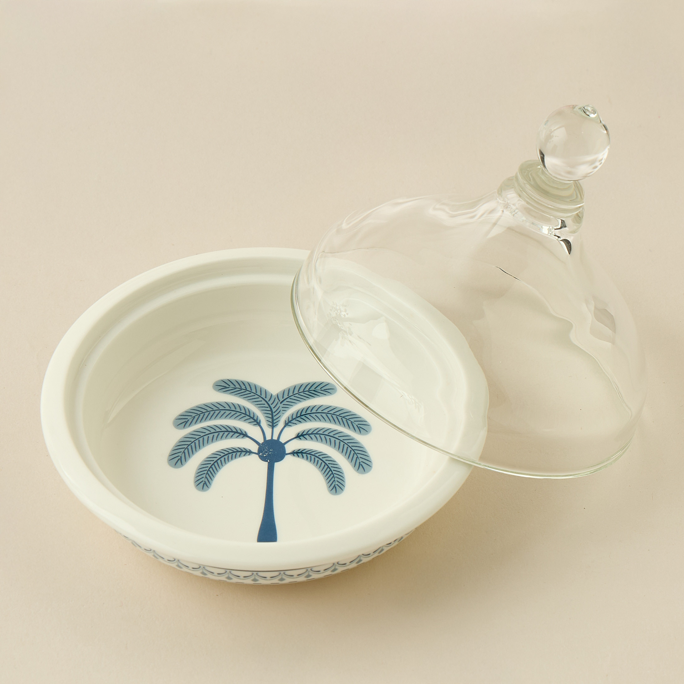 Palm Tree Print Bone China Tajine with Glass Lid - 12x6x13 cms-household-dining-serveware-servingtrays-image-2
