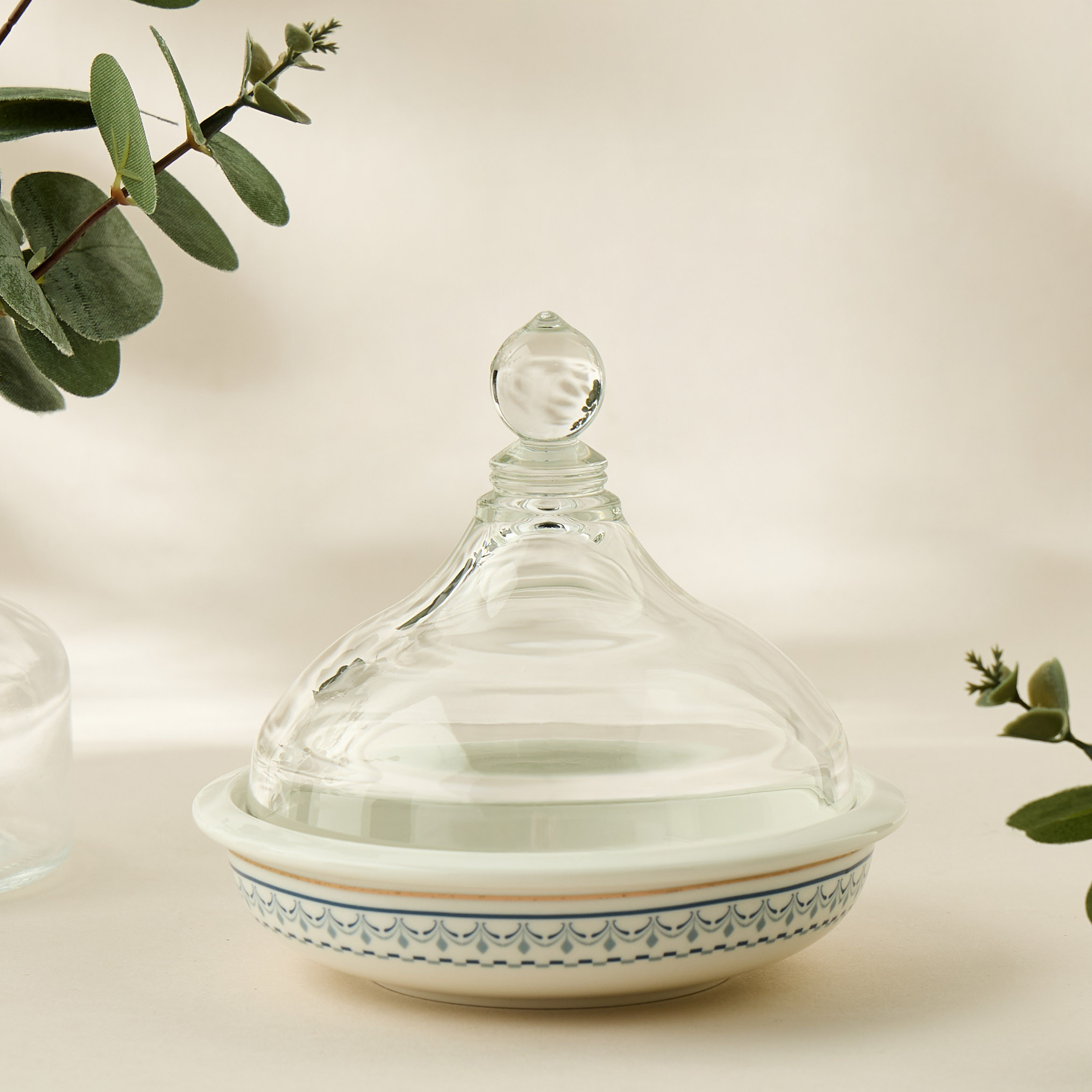 Palm Tree Print Bone China Tajine with Glass Lid - 12x6x13 cms-household-dining-serveware-servingtrays-image-5