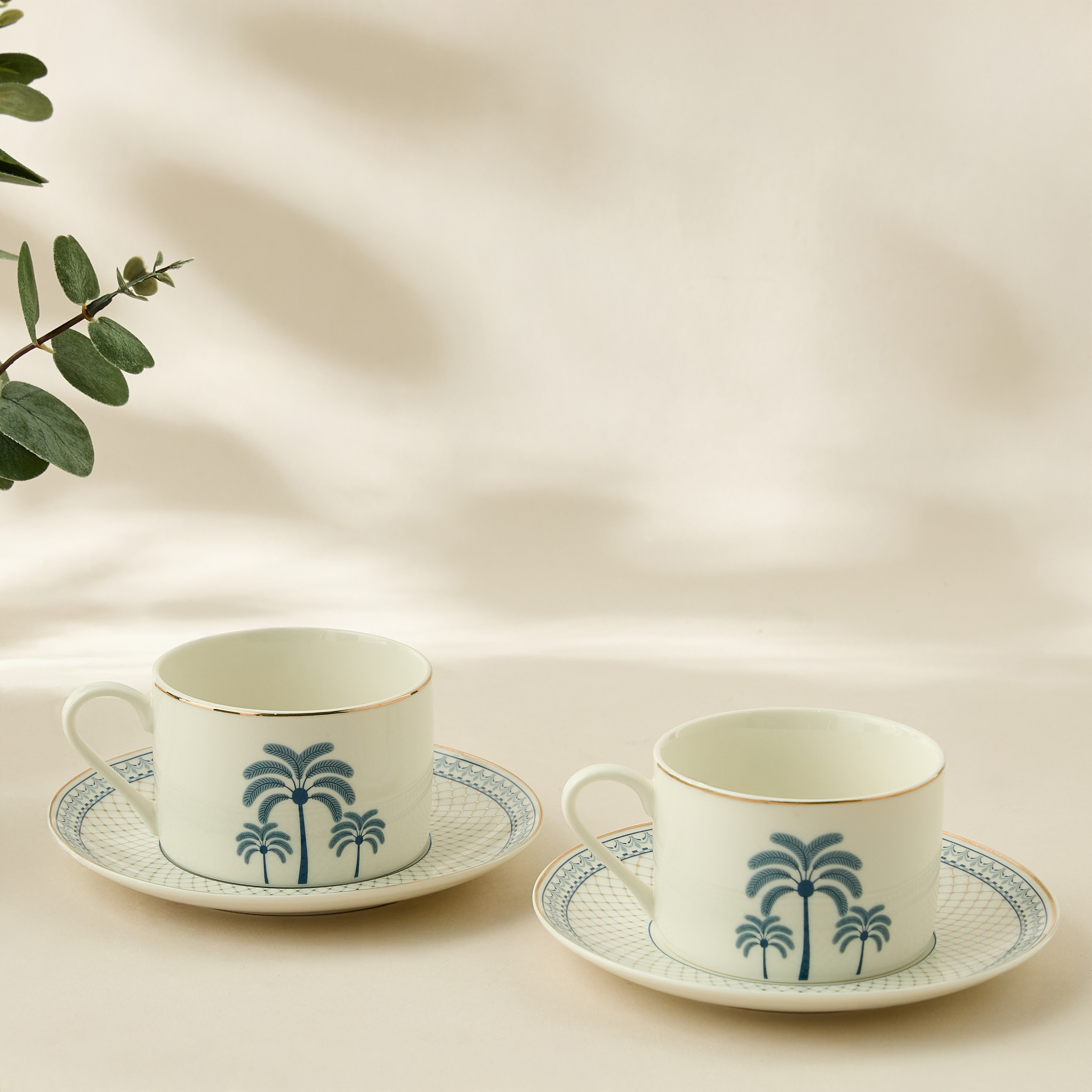 Palm Tree Print 4-Piece Bone China Cup and Saucer Set - 200 ml-household-dining-teaandcoffee-teaandcoffeesets-image-1