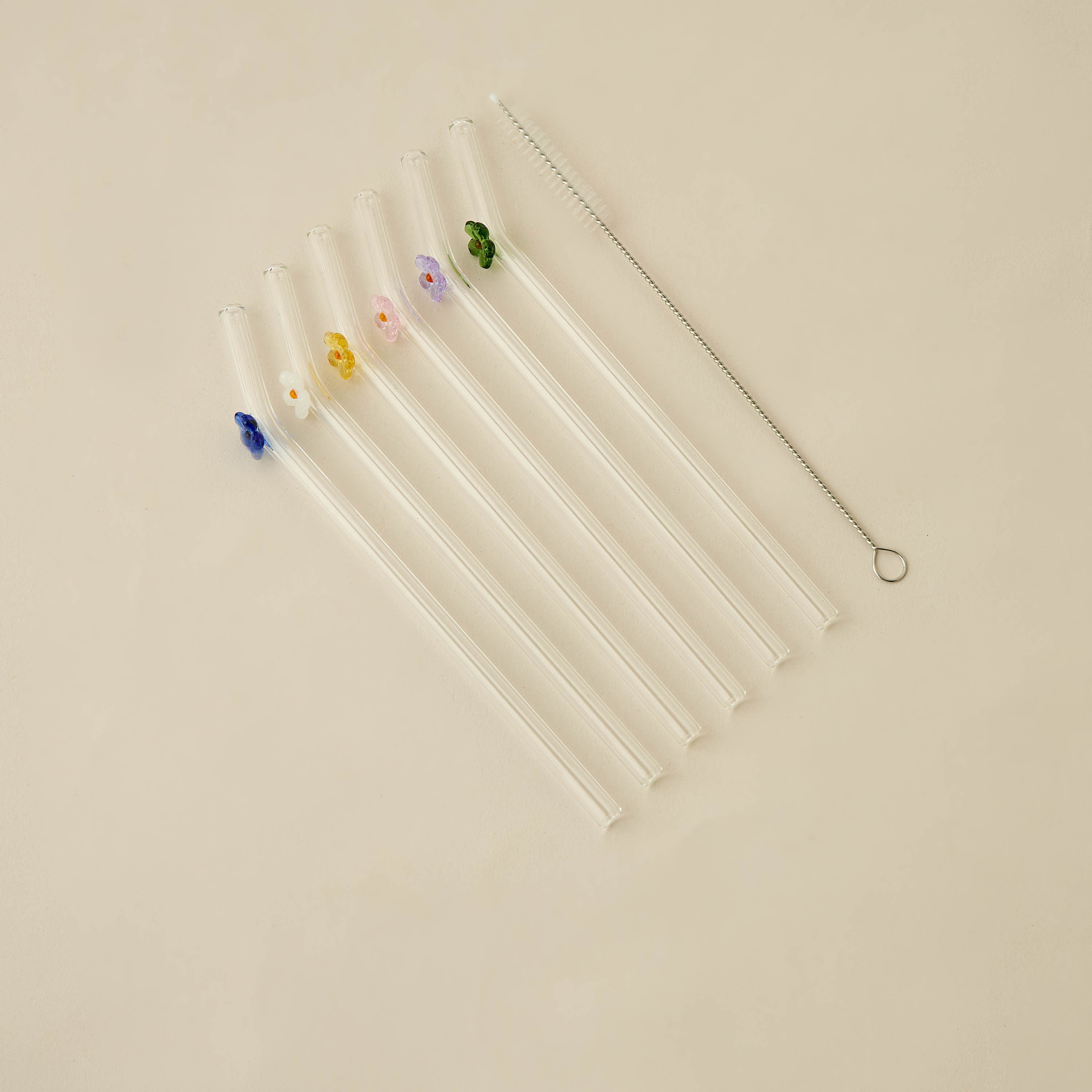 Floral Accent 7-Piece Glass Straw and Cleaning Brush Set-household-dining-glassware-drinkingglasses-image-1