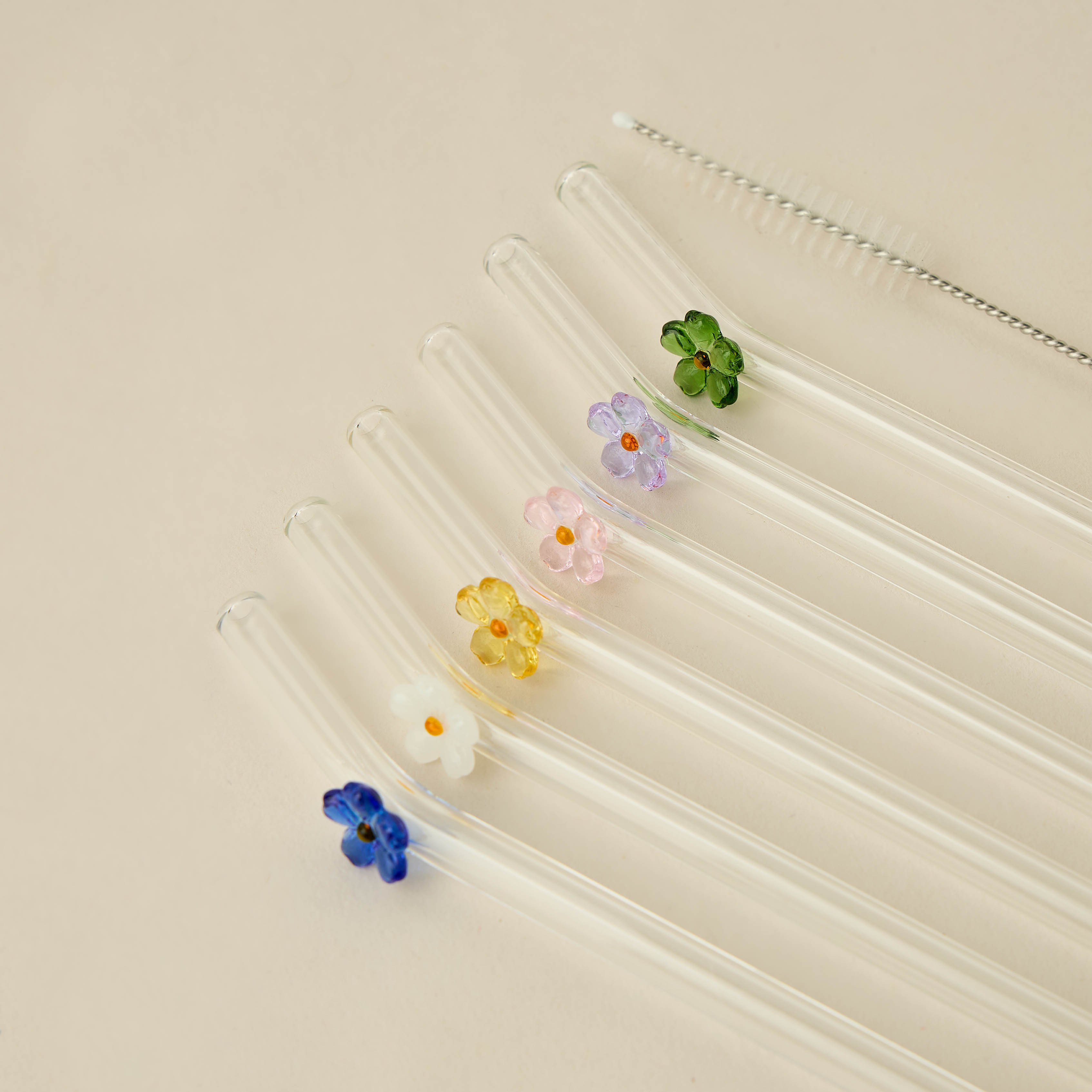 Floral Accent 7-Piece Glass Straw and Cleaning Brush Set-household-dining-glassware-drinkingglasses-image-2