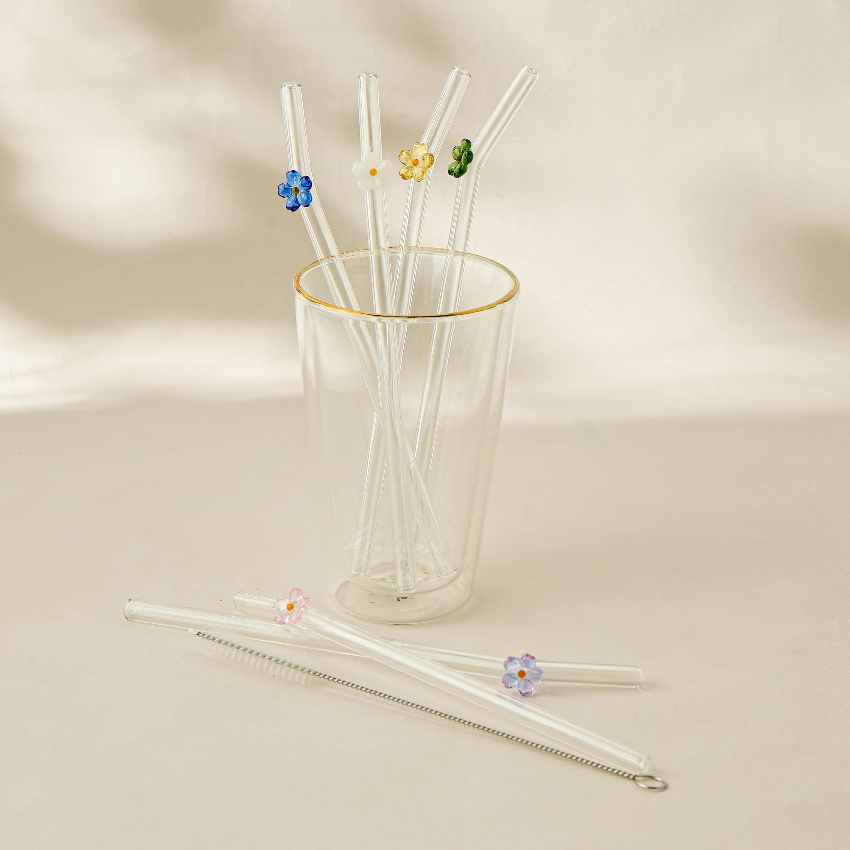 Floral Accent 7-Piece Glass Straw and Cleaning Brush Set-household-dining-glassware-drinkingglasses-image-5
