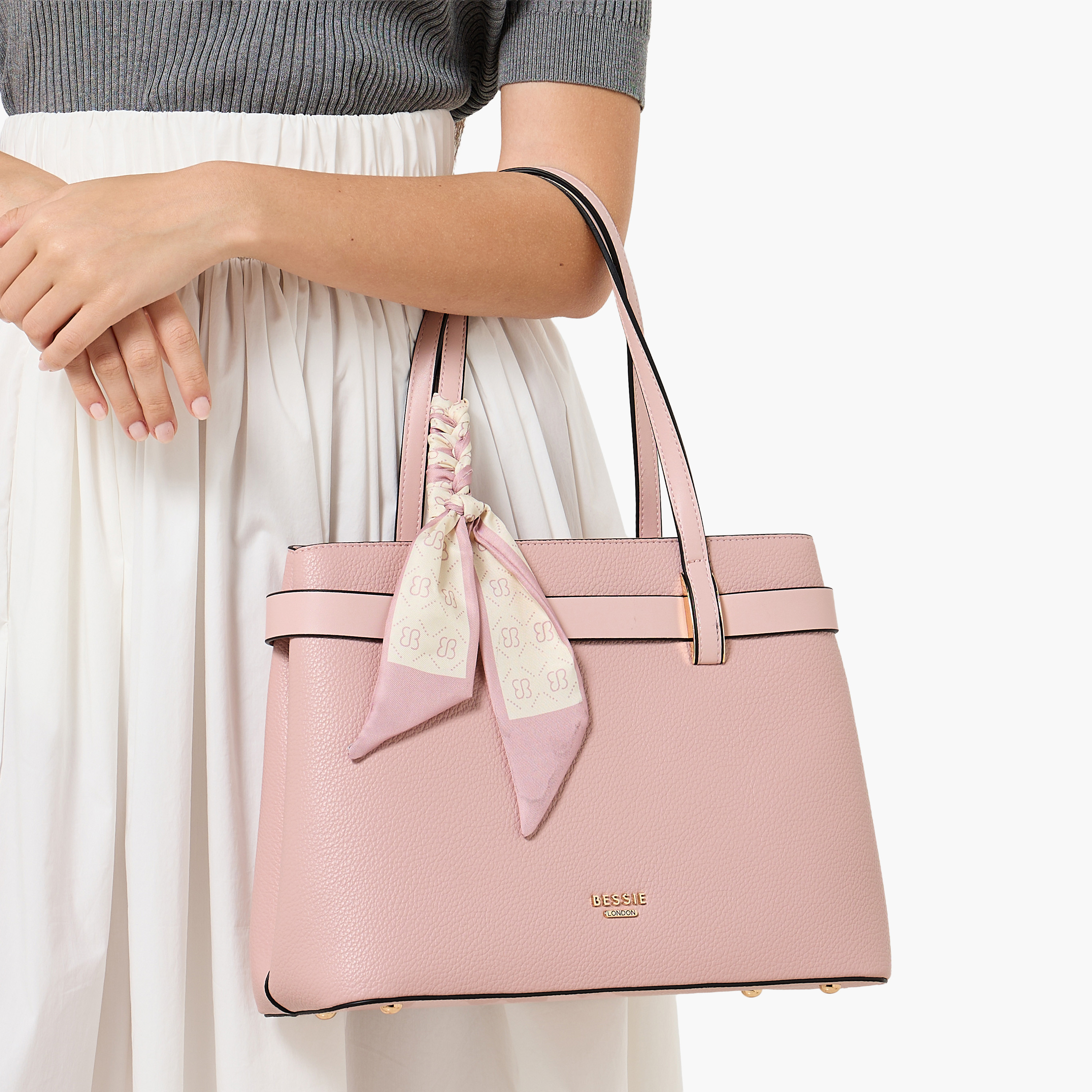 Bessie London Scraf Detail Tote Bag with Detachable Strap-women-bagsandwallets-handbags-image-2