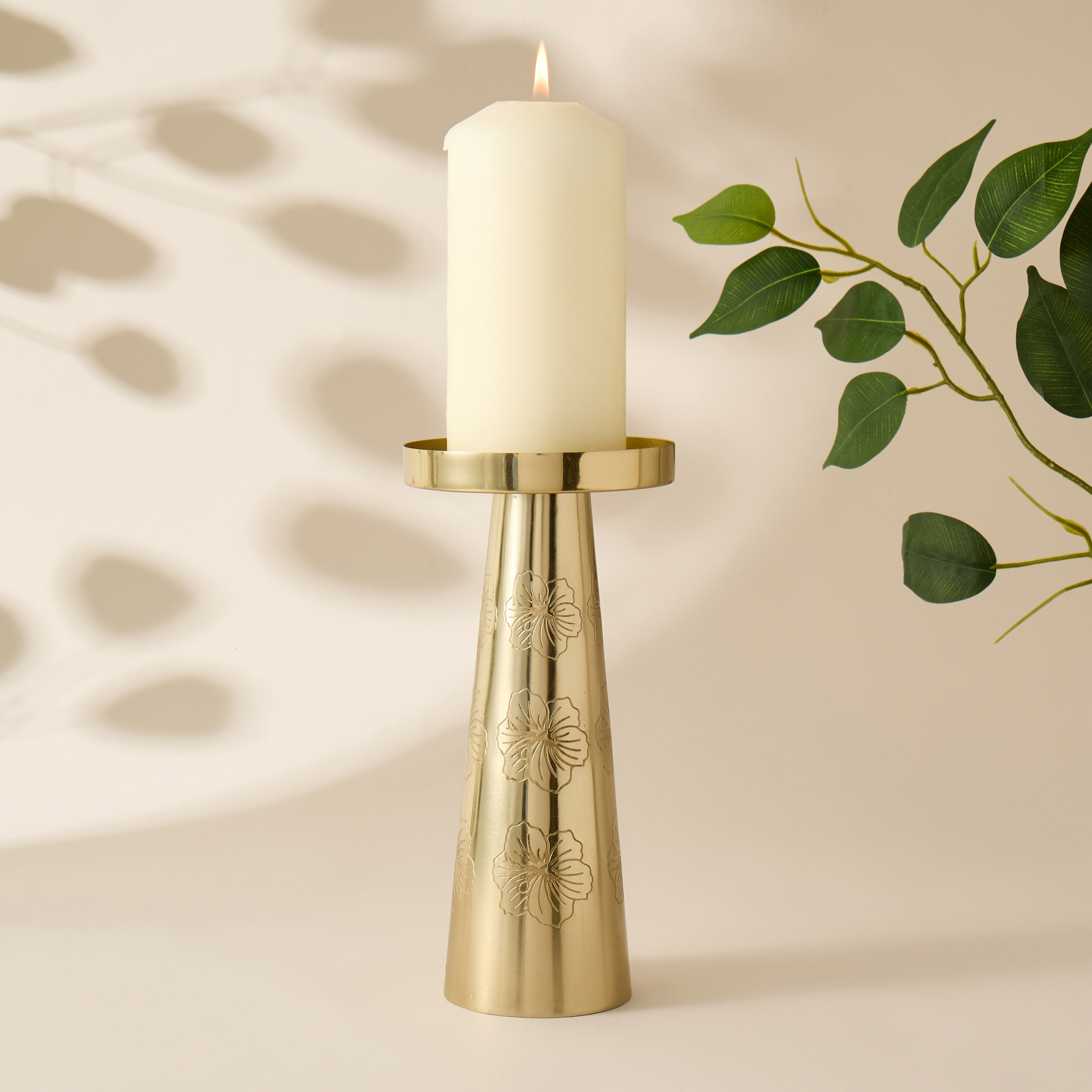 Hibiscus Engraved Metal Pillar Candleholder - 21 cms-household-decor-candleholdersandlanterns-image-1