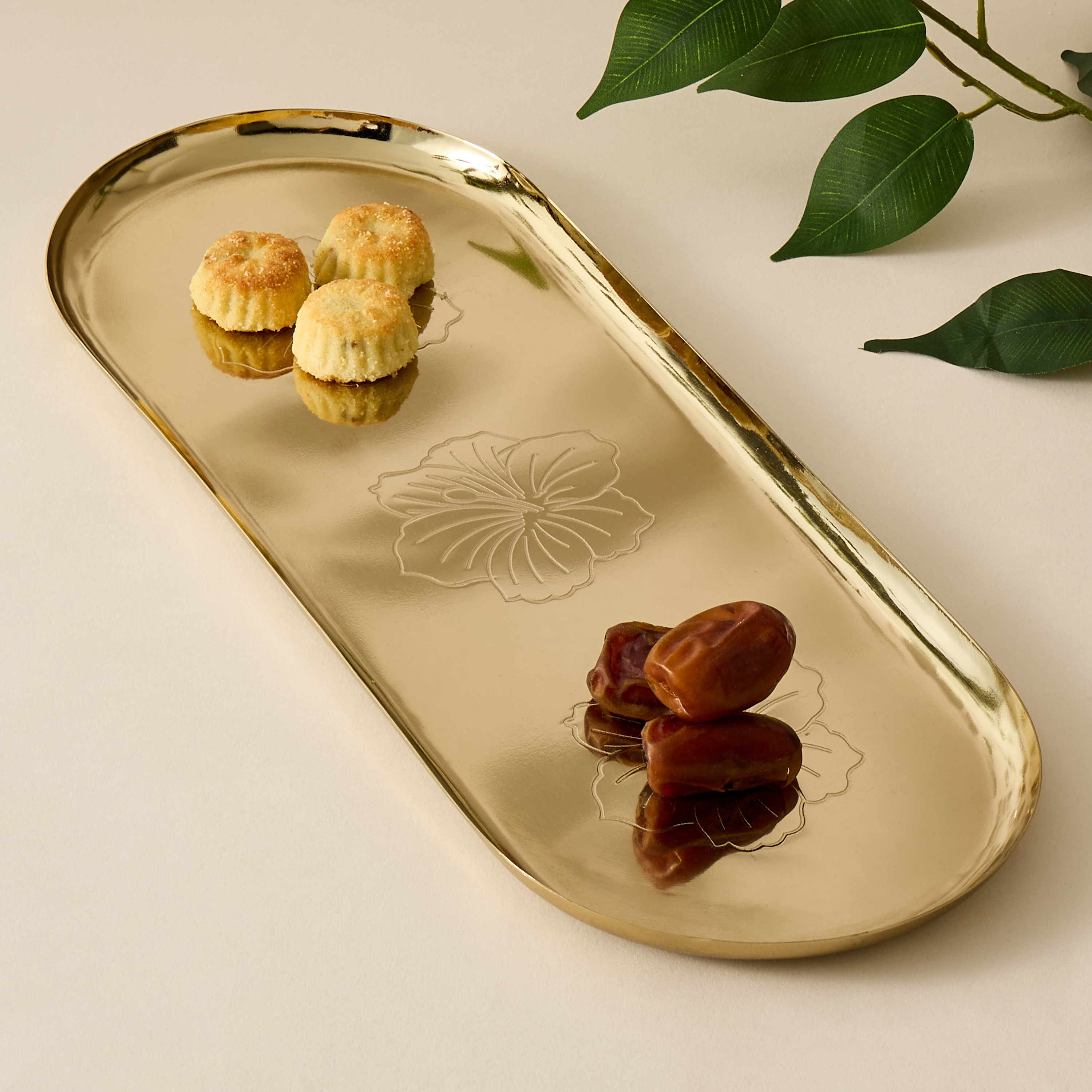 Hibiscus Engraved Oval Serving Tray - 41x16 cms-household-decor-boxesandtrays-image-1