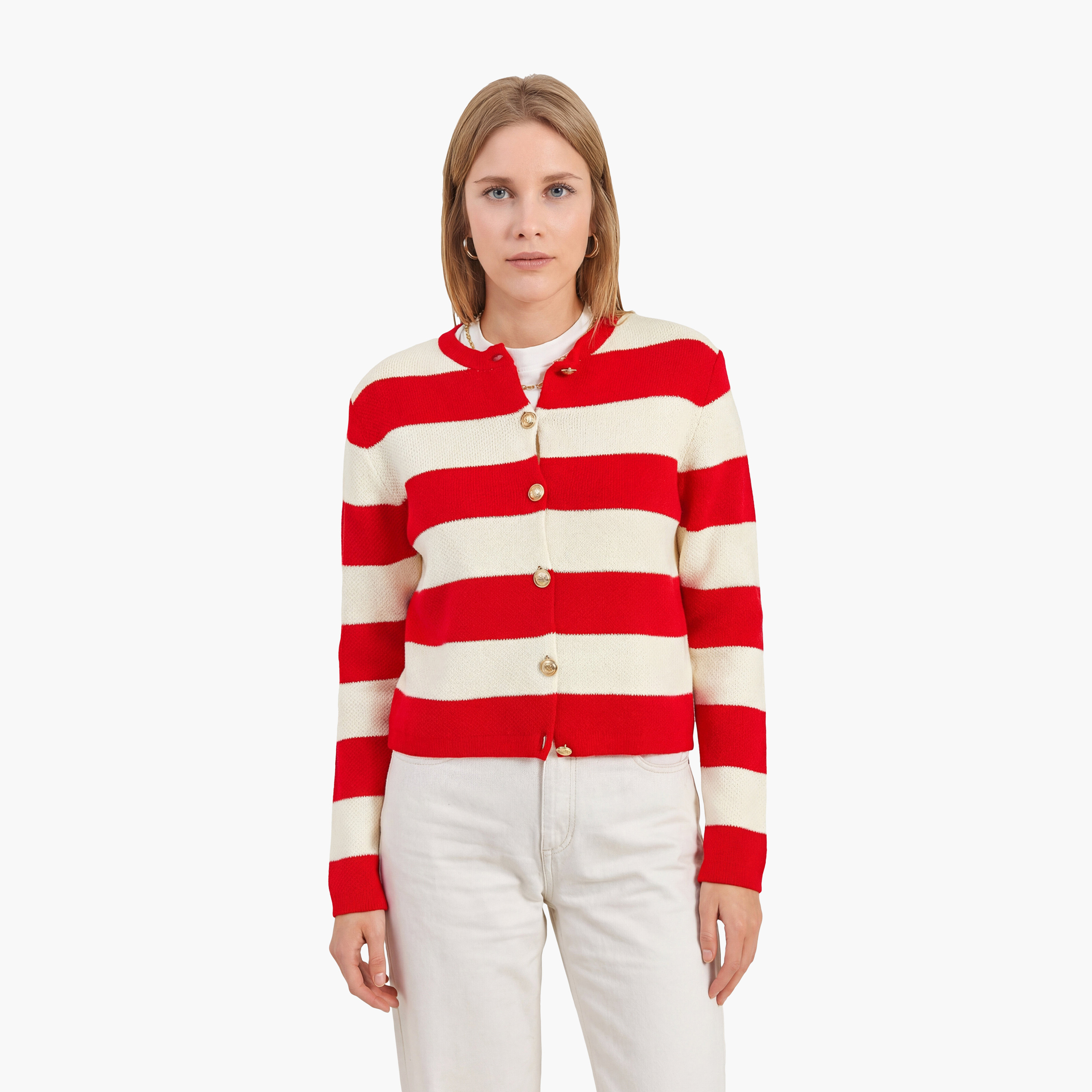 Bianco Lucci White Striped Women's Cardigan-women-winterwear-cardigansandjumpers-cardigans-image-1
