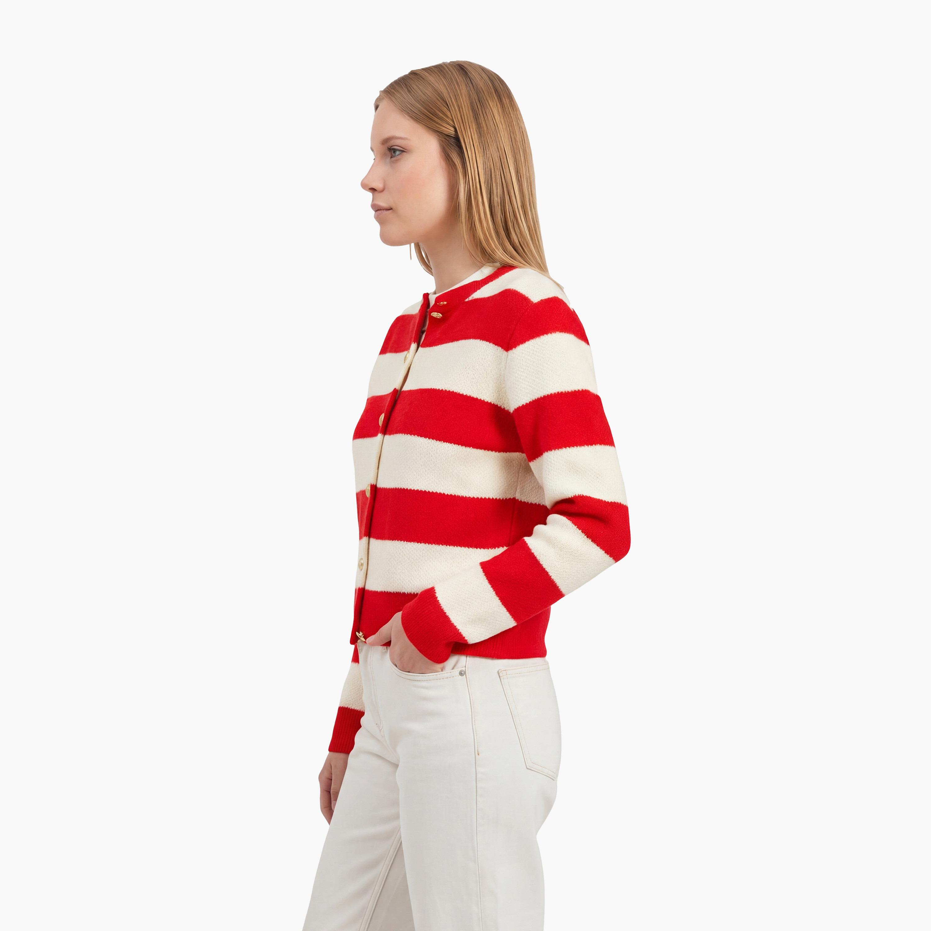 كارديجان نسائي مخطط باللون الأبيض من بيانكو لوتشي-women-winterwear-cardigansandjumpers-cardigans-image-3