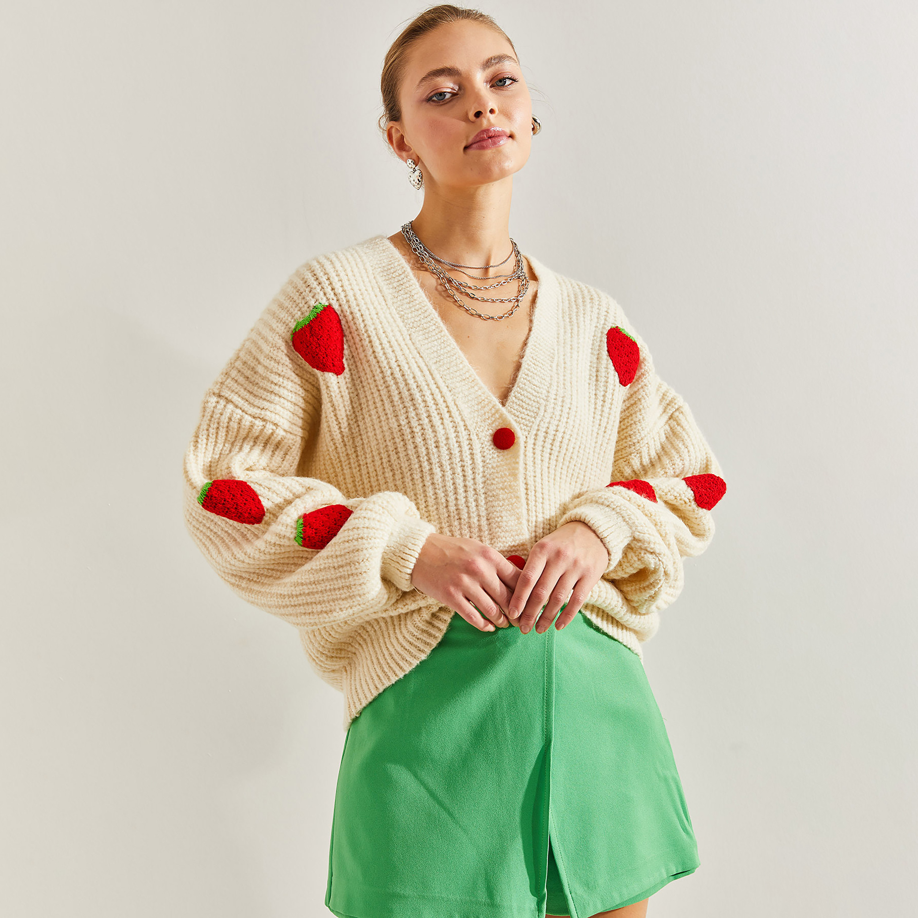 Bianco Lucci Cream Strawberry Knitted Cape Sleeves Women's Cardigan-women-winterwear-cardigansandjumpers-cardigans-image-4
