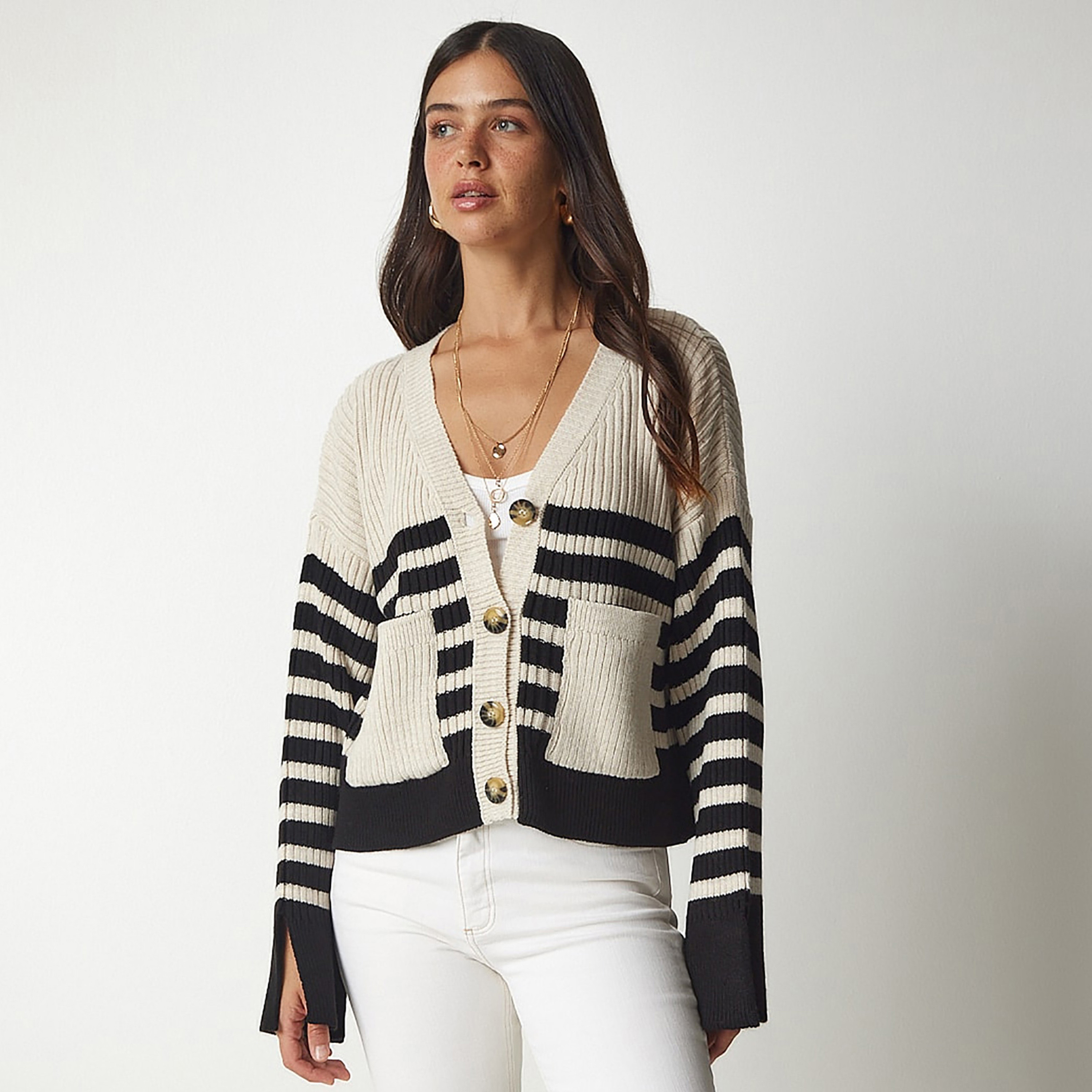سعادة إسطنبول سترة بنية مخططة بأكمام منسدلة-women-winterwear-cardigansandjumpers-cardigans-image-1
