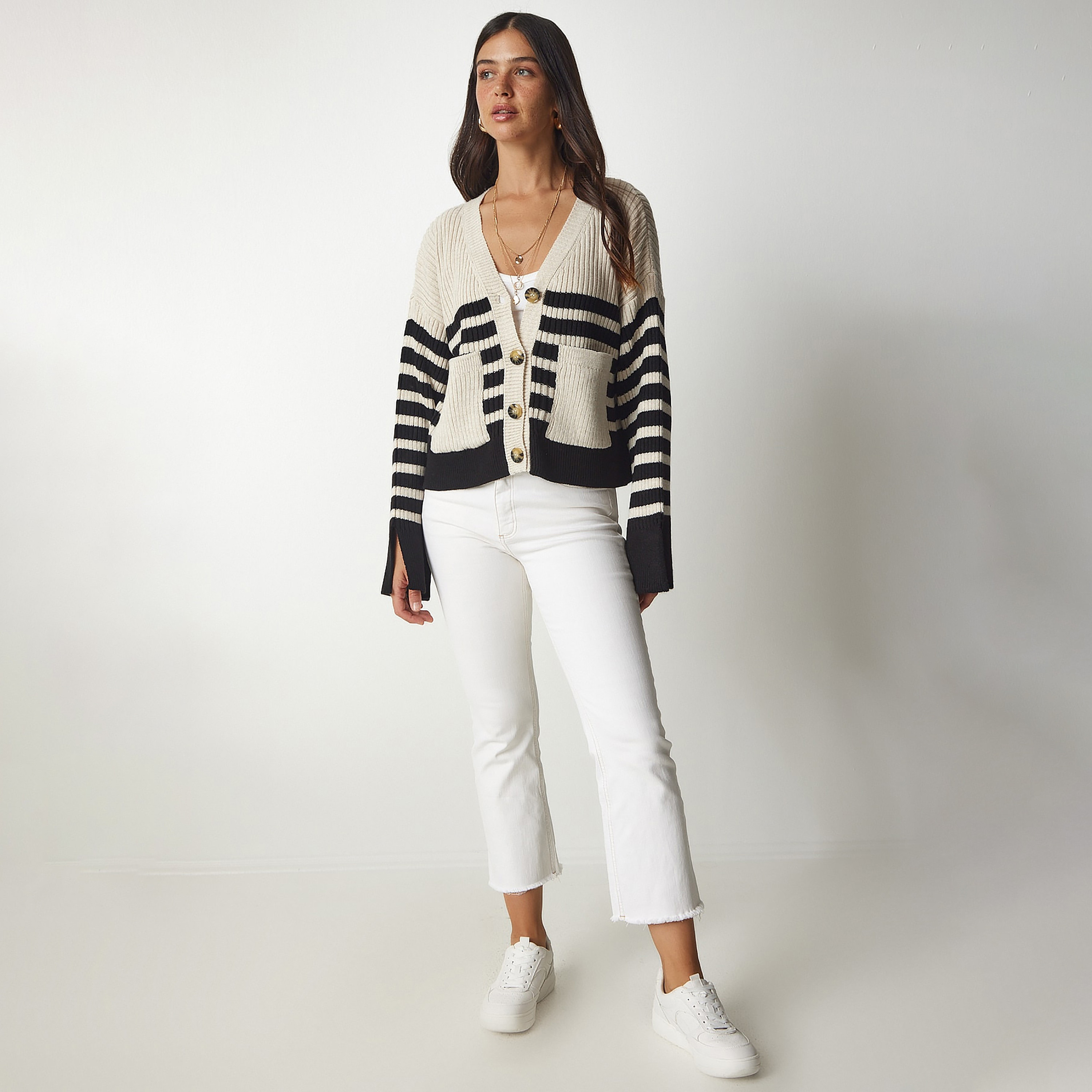 Happiness Istanbul Beige Striped Dropped Sleeves Women's Cardigan-women-winterwear-cardigansandjumpers-cardigans-image-2