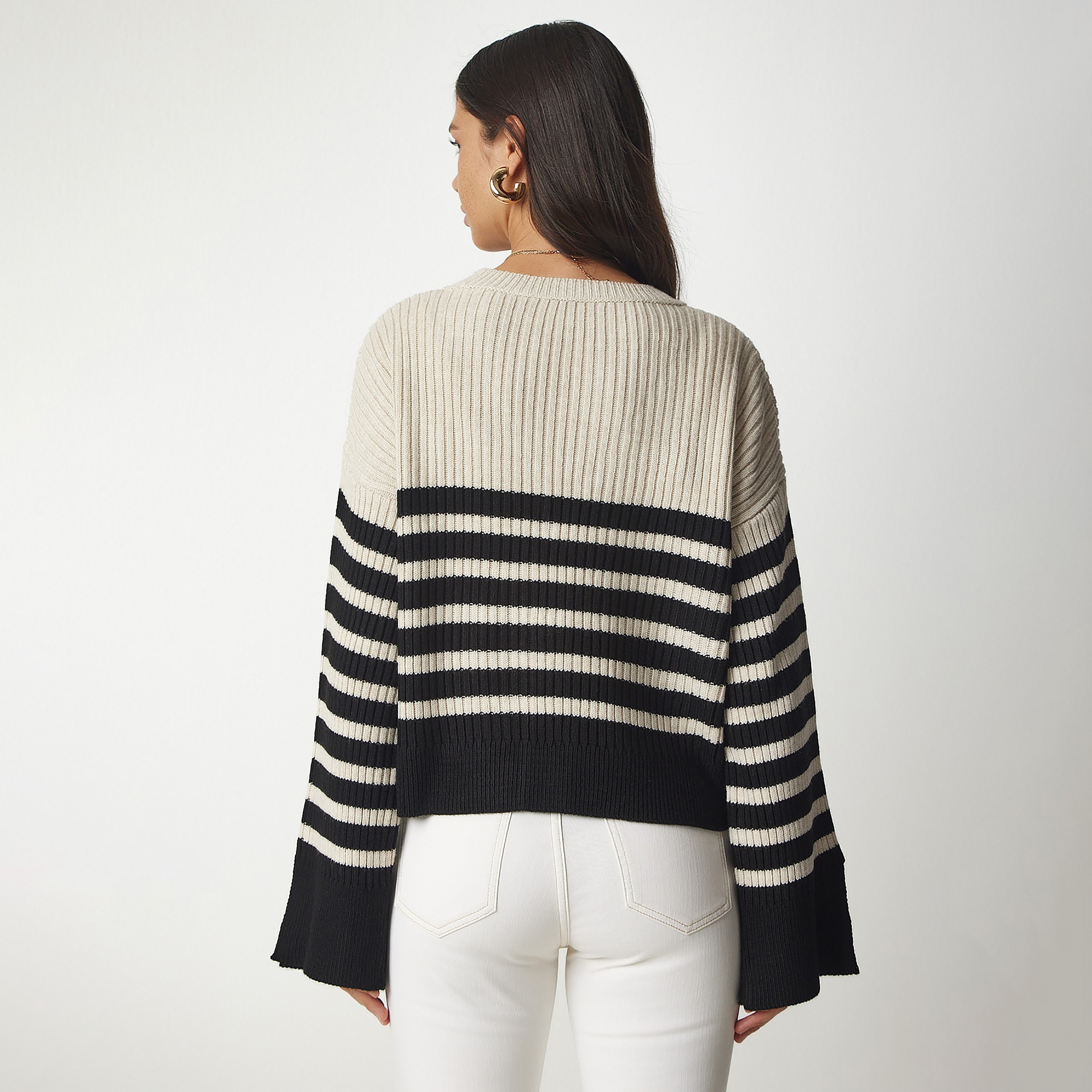 Happiness Istanbul Beige Striped Dropped Sleeves Women's Cardigan-women-winterwear-cardigansandjumpers-cardigans-image-3