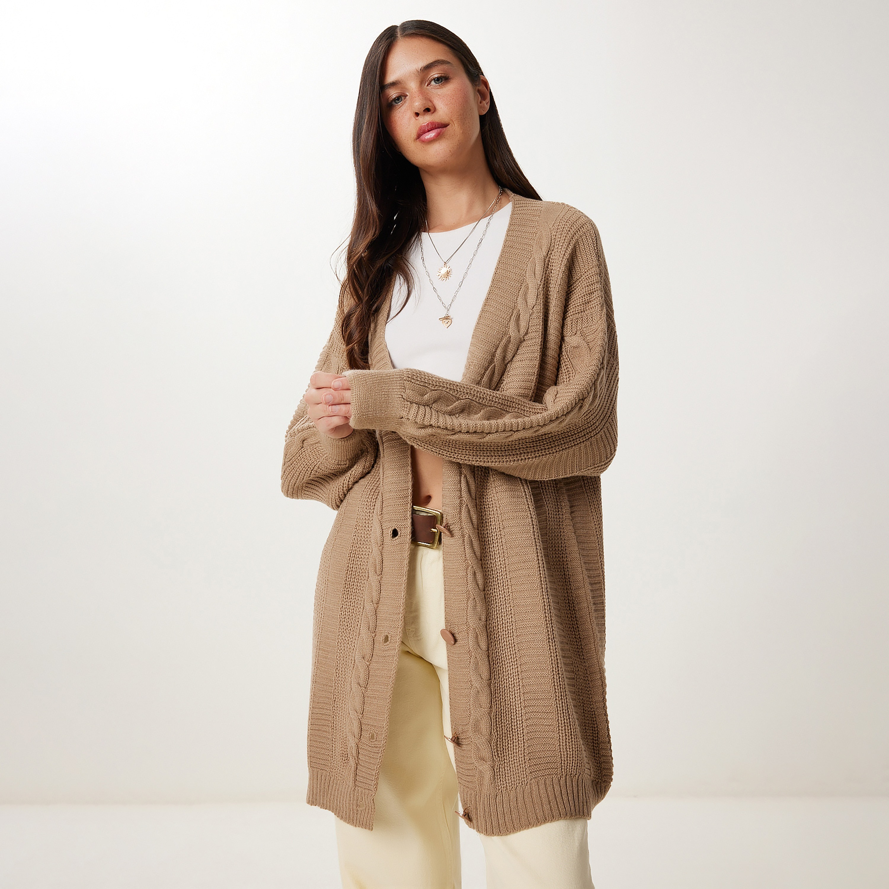 Happiness Istanbul Brown Cable Knitted Dropped Sleeves Women's Cardigan-women-winterwear-cardigansandjumpers-cardigans-image-1