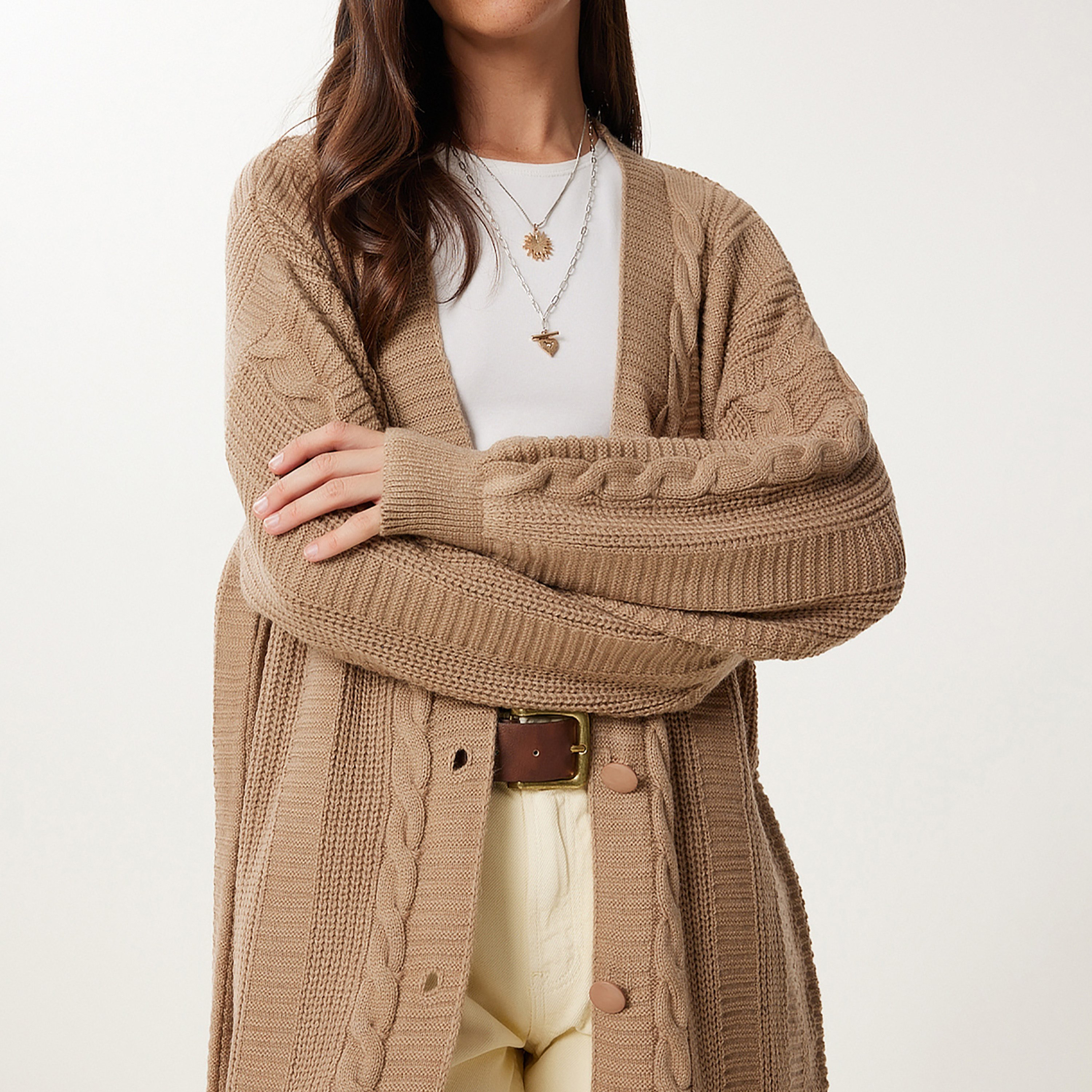 Happiness Istanbul Brown Cable Knitted Dropped Sleeves Women's Cardigan-women-winterwear-cardigansandjumpers-cardigans-image-4