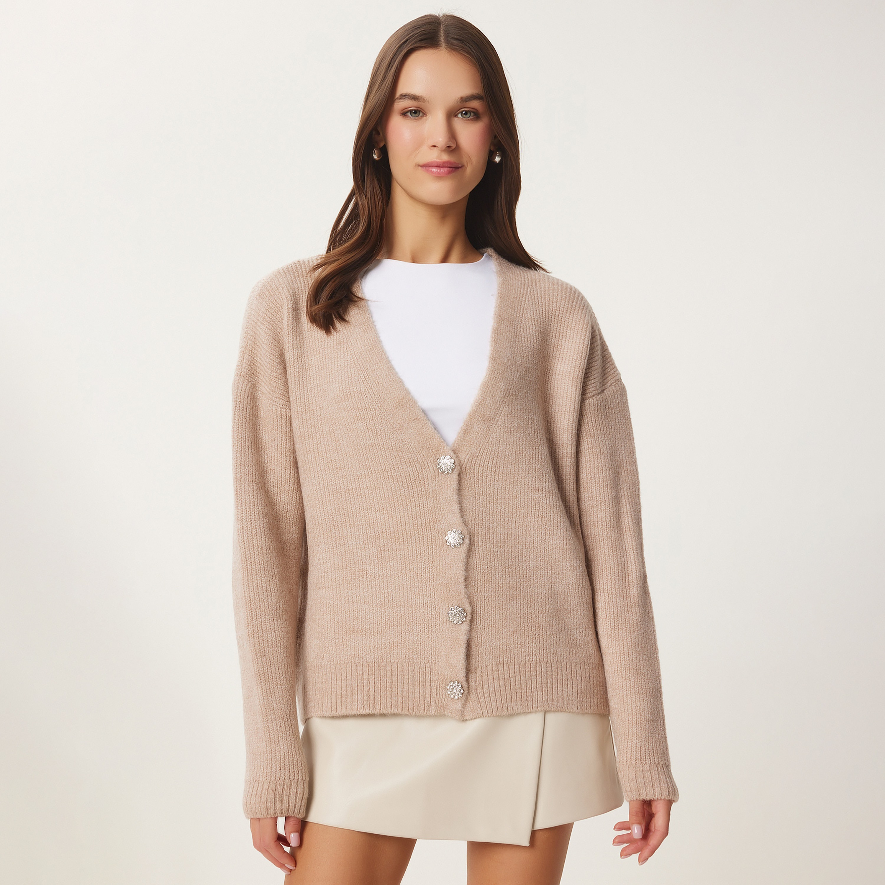 Happiness Istanbul Beige Knitted Dropped Sleeves Women's Cardigan-women-winterwear-cardigansandjumpers-cardigans-image-1
