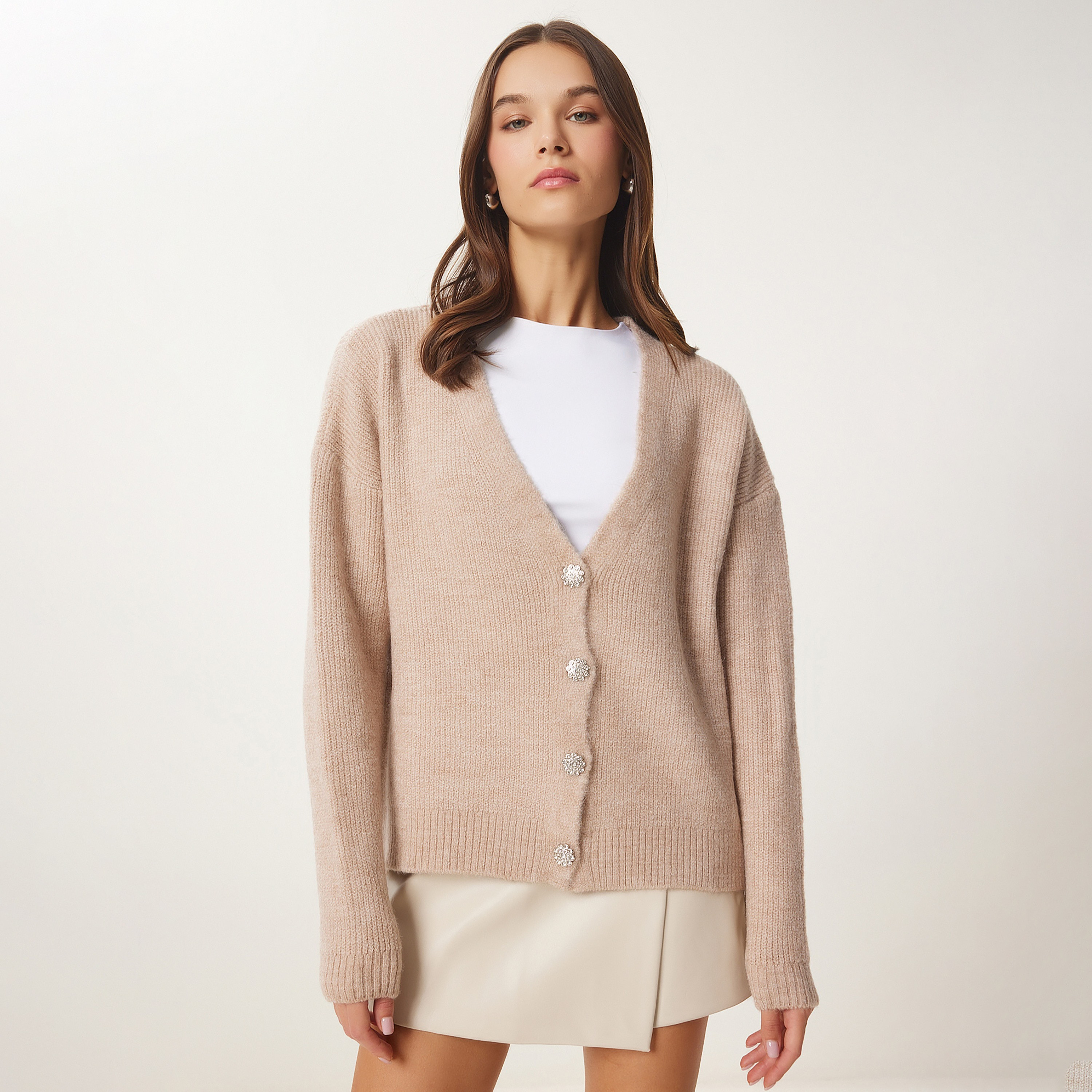 Happiness Istanbul Beige Knitted Dropped Sleeves Women's Cardigan-women-winterwear-cardigansandjumpers-cardigans-image-2