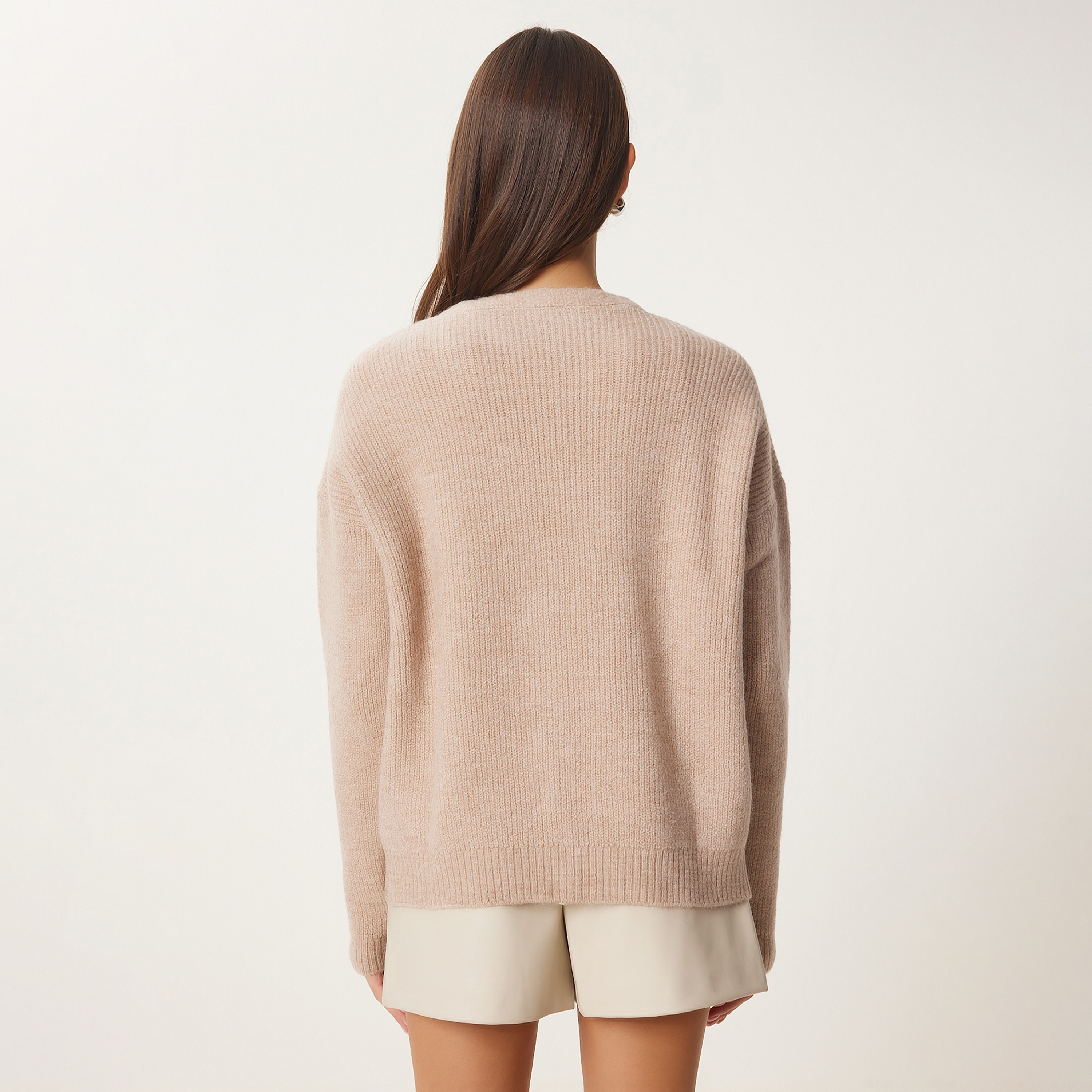 Happiness Istanbul Beige Knitted Dropped Sleeves Women's Cardigan-women-winterwear-cardigansandjumpers-cardigans-image-3